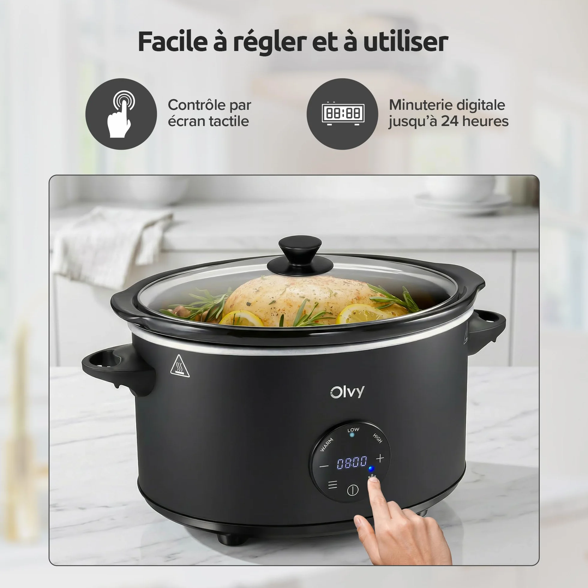 Olvy Mijoteuse numérique 6 l avec minuterie, écran tactile, fonction de maintien au chaud, fonction décongélation, minuterie 24 h, 3 niveaux, famille Meal Prep