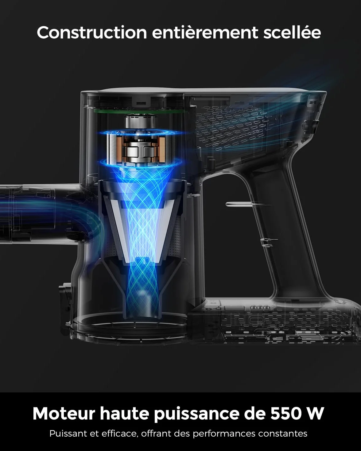 VACTechPro F02 Lite Aspirateur Balai sans Fil, 550 W/50 Min/50 KPa, avec Filtration 8 Couches, pour Sols, Tapis et Cheveux, Noir et Blanc