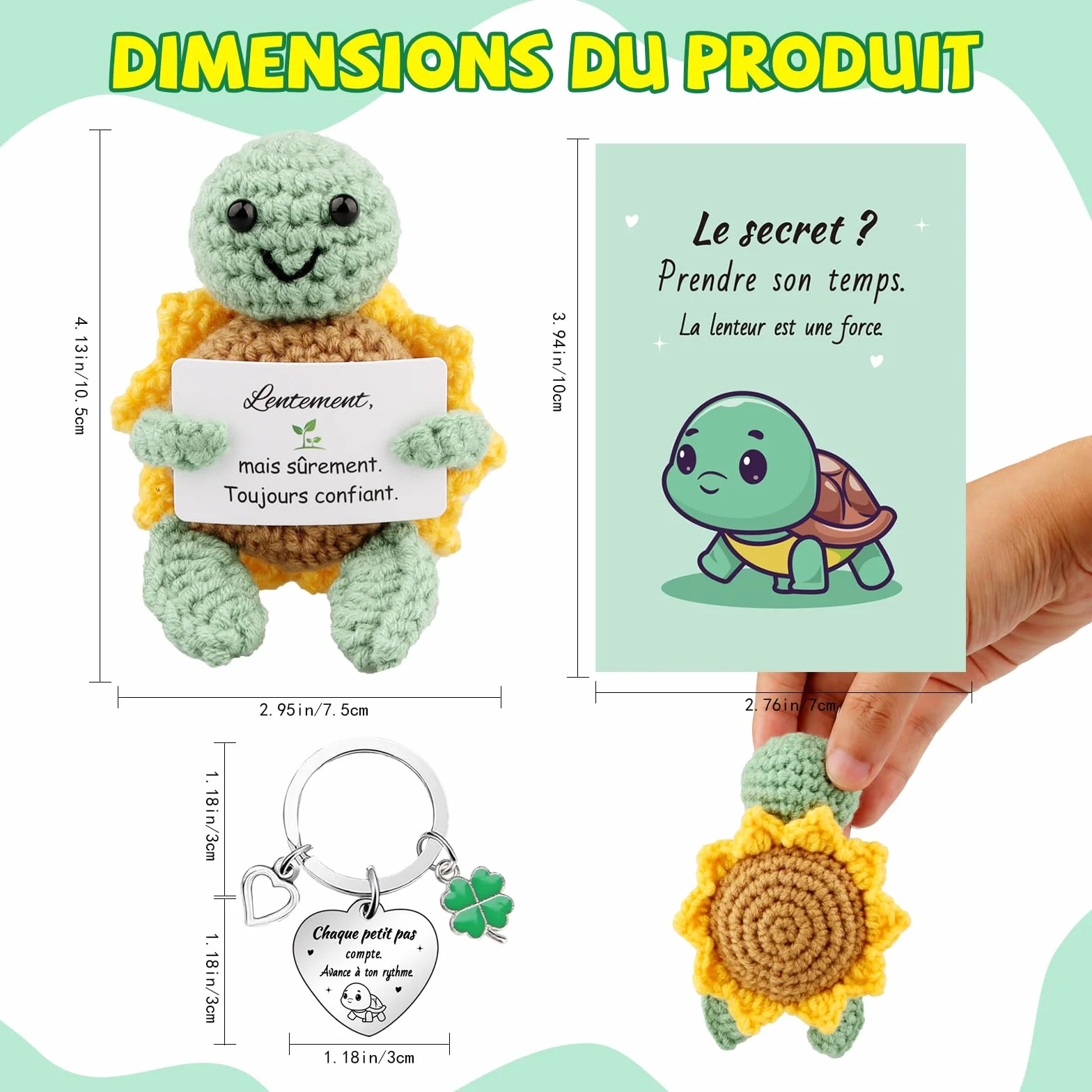 Tortue Positive Poupée Tortue en Français au Crochet avec Porte Clés et Carte Cadeau Femme Original