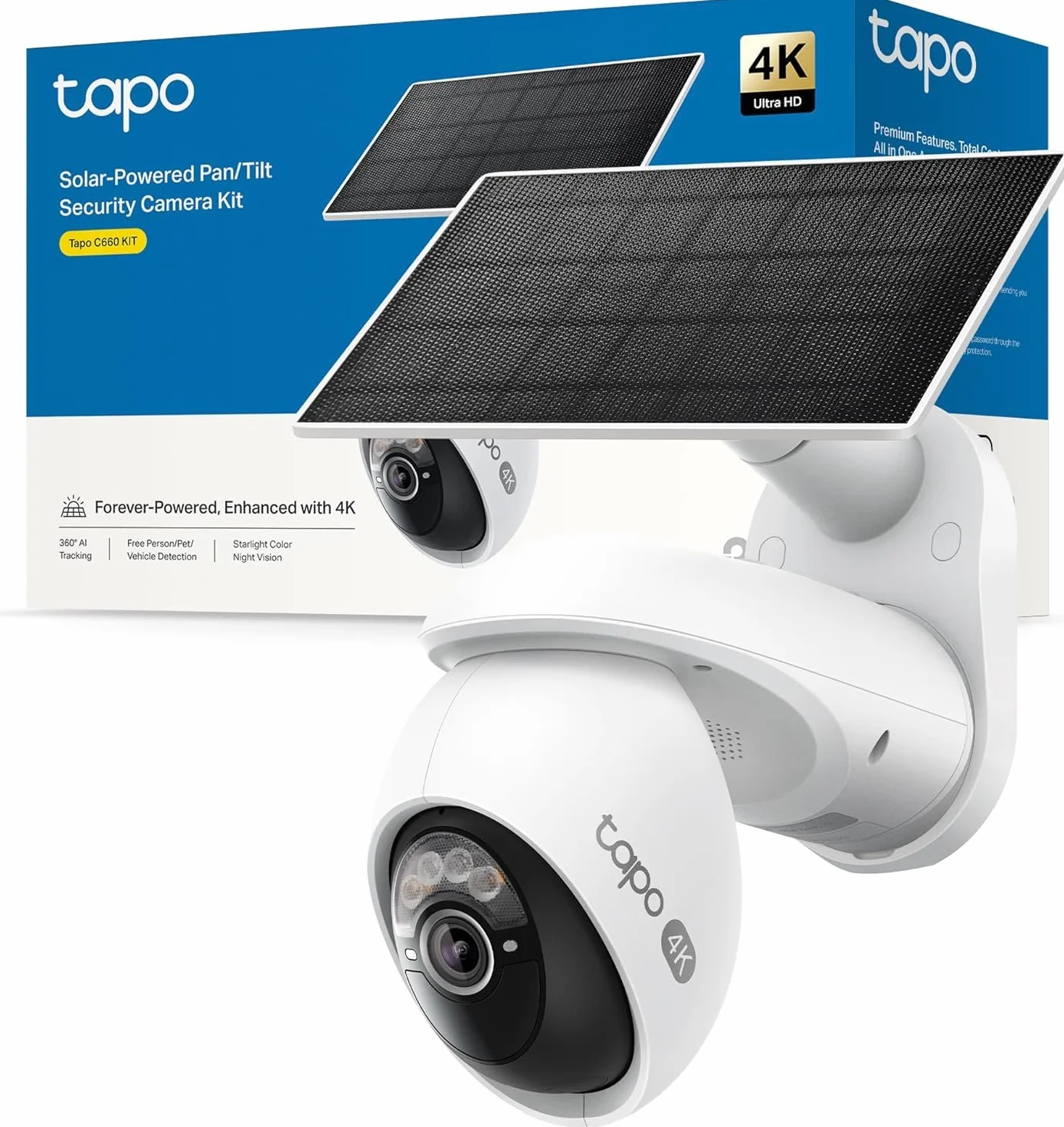 Tapo C660 KIT 4K 360° solarna kamera do monitoringu zewnętrznego, akumulator 10000 mAh, noktowizor, dwuzakresowa sieć Wi-Fi, wykrywanie sztucznej inteligencji, alarm światła i dźwięku, lokalne
