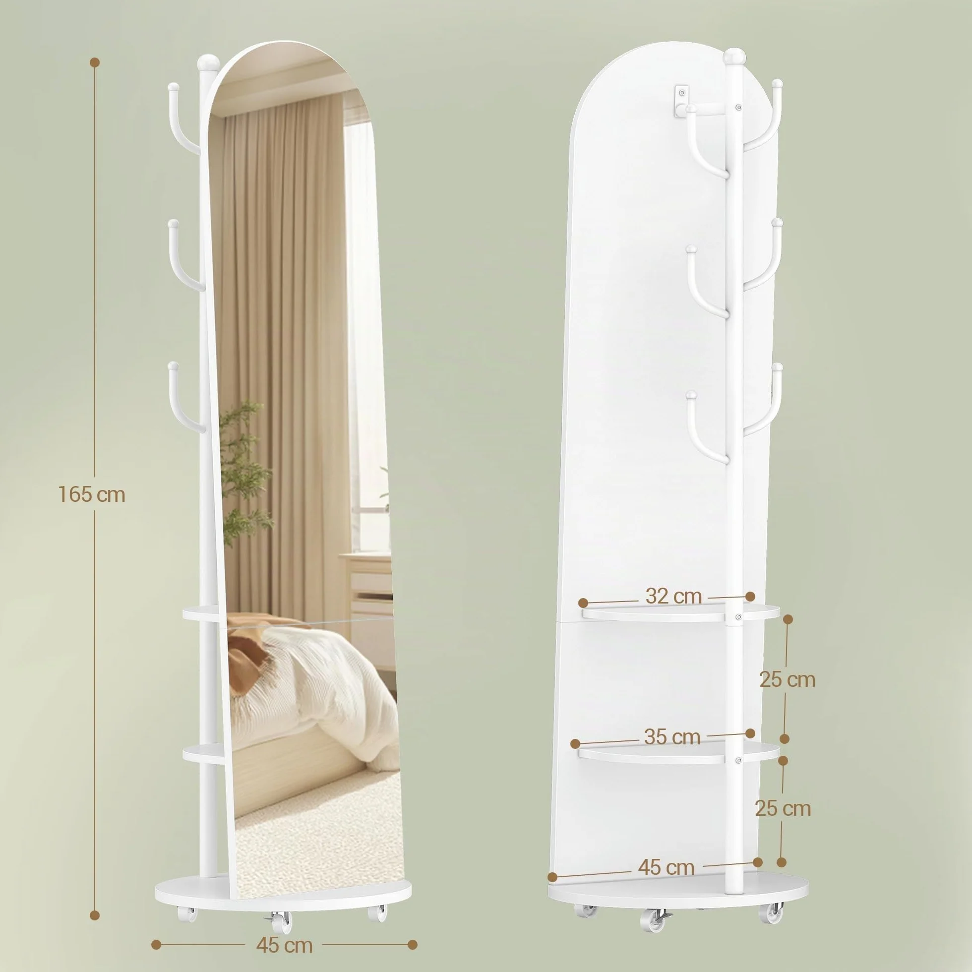 Miroir sur Pied 163 x 45 cm avec Roues Pivotantes et Porte-Manteau, Verre Trempé Blanc