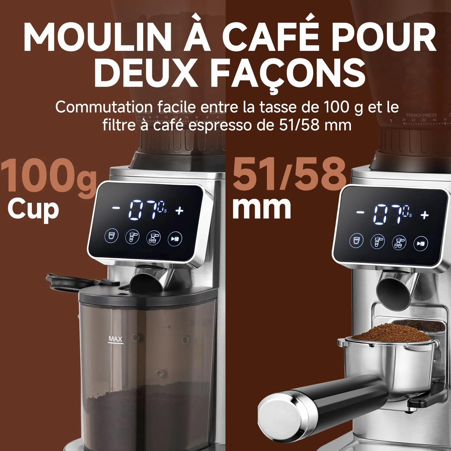 AMZCHEF Moulin à Café Électrique avec 48 Réglages de Mouture, Système Antistatique, Écran Tactile LCD, Réservoir à Grains 300 g, Meule Conique en Acier Inoxydable, pour Expresso et Café Filtre
