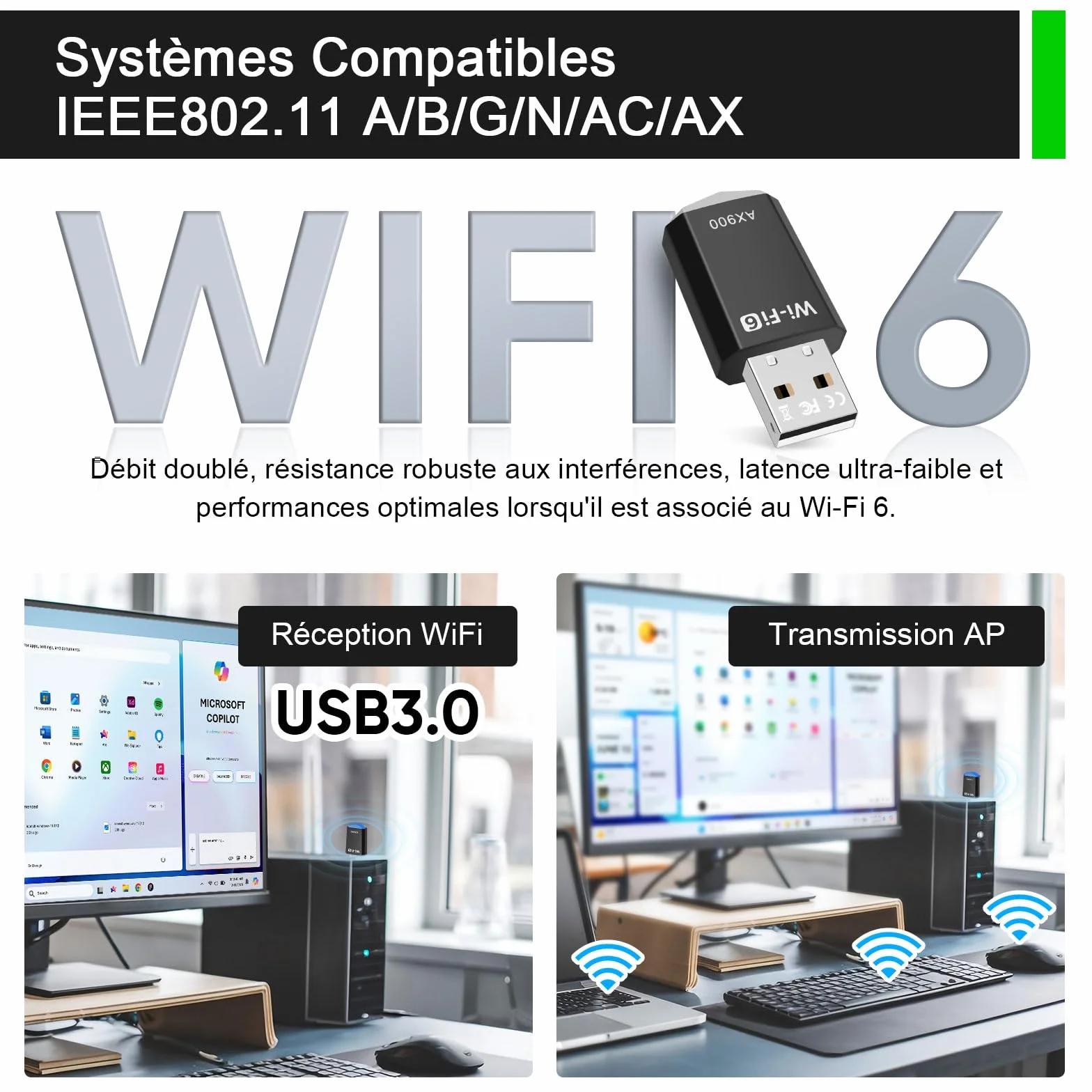 Clé WiFi 6 AX900 Mbps Double Bande 5,8Ghz/2,4Ghz Adaptateur USB WiFi pour Windows 11/10