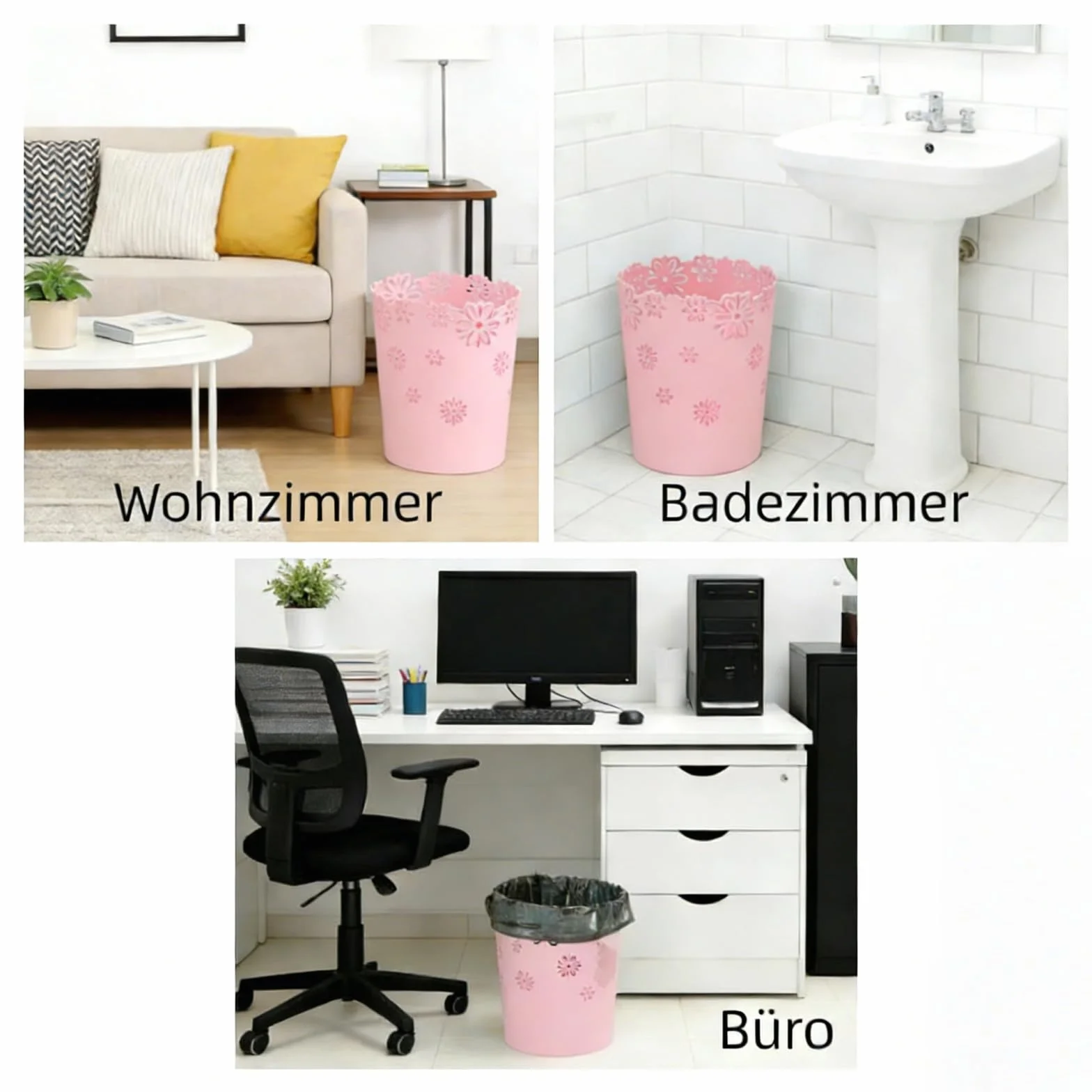 Poubelle de Chambre Fille Légère Anti-Rayures, Poubelle Bureau Épaisse et Durable pour Maison Bureau (Rose, Grande)