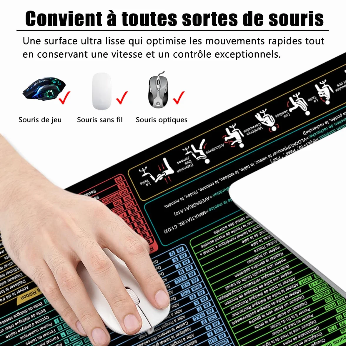 Excel Shortcuts Tapis de souris XL Grand tapis de souris de jeu Noir Sous-main Bureau