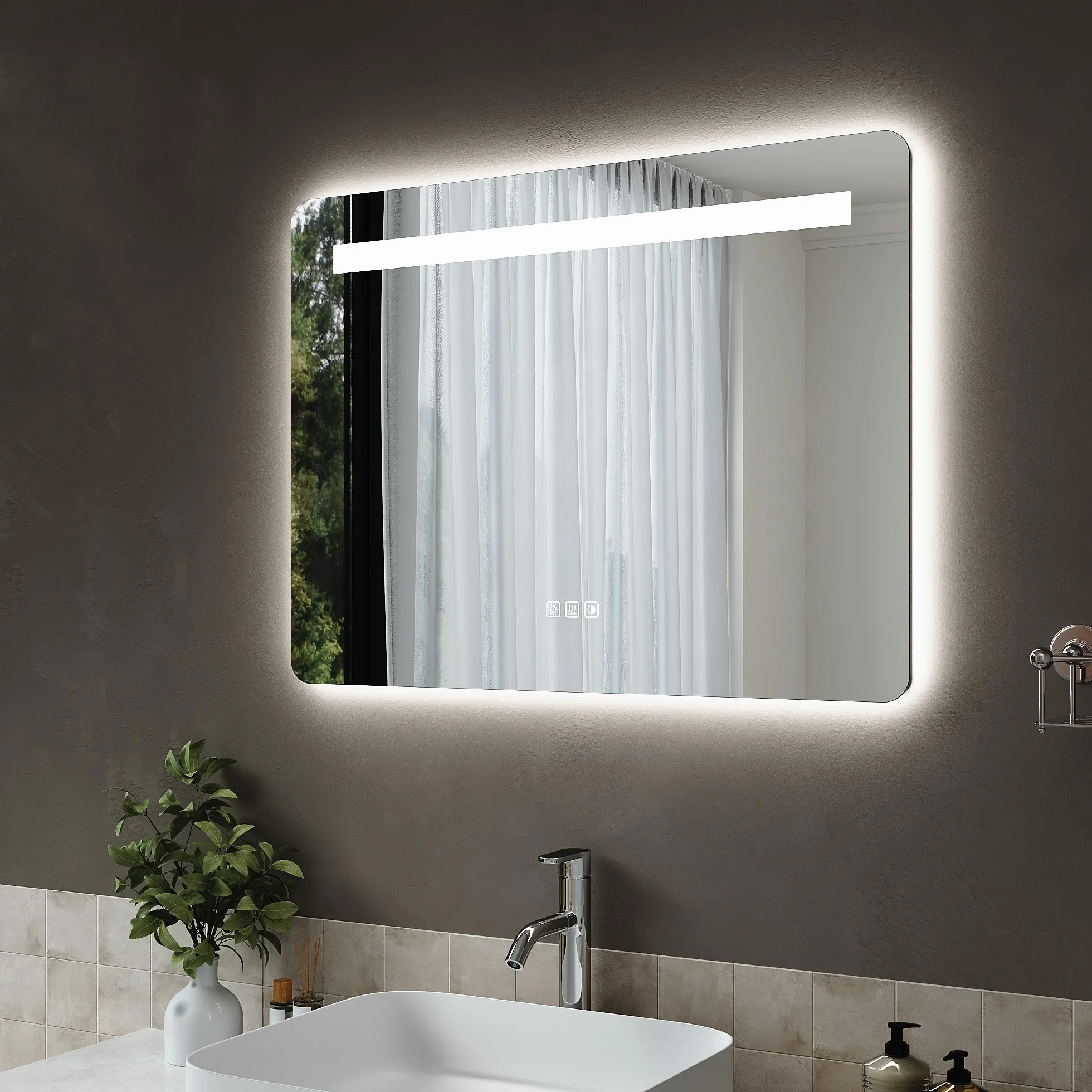 SIRHONA Miroir Salle de Bain avec Eclairage 80x60cm, Anti-buée, 3 Couleurs, Dimmable, Mémoire, Miroir Lumineux Salle de Bain, Douille, Étanche Ip44, Rétroéclairage