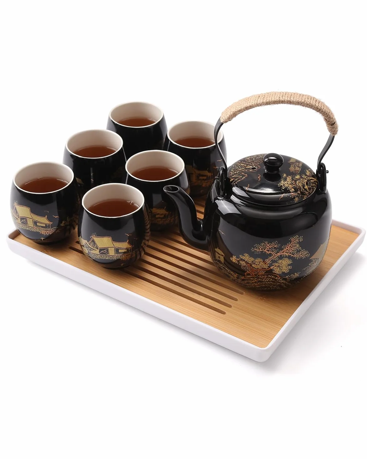 DUJUST Magnifique Service à Thé Japonais, en Porcelaine Noire avec 1 Théière, 6 Tasses, 1 Plateau, 1 Infuseur, Asiatique pour Amateur de Thé (Campagne Dorée)