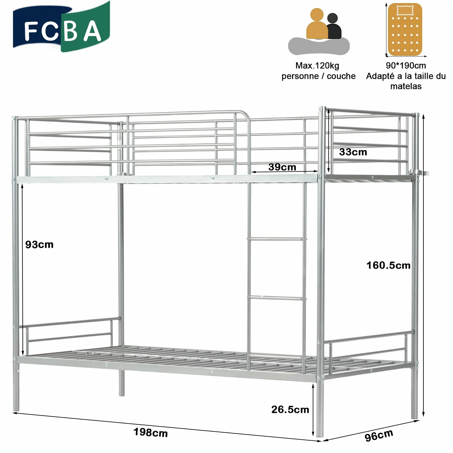 Meuble Cosy Lit superposé 2 Personnes Cadre de Lits 90x190cm en métal pour Enfant Chambre à Coucher Maison, Gris