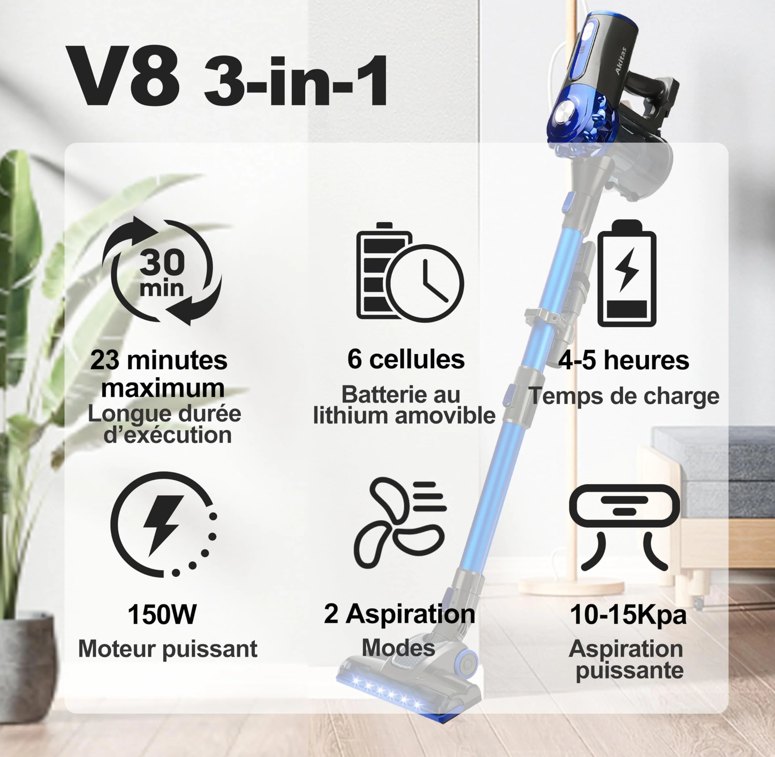 Akitas V8 Aspirateur Balai sans Fil 3en1 à Main et Vertical Léger 22,2V 150 W Batterie Lithium Rechargeable pour Sol, Tapis, Poils d'animaux