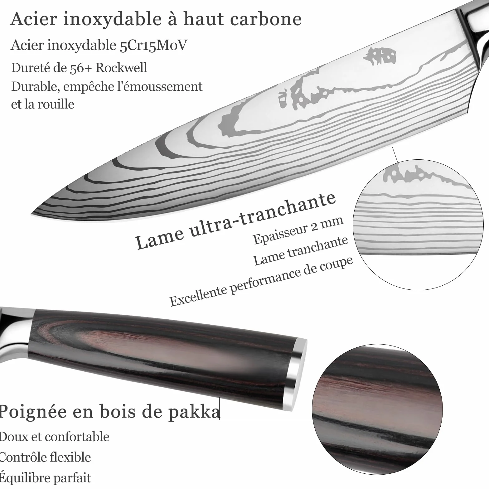 Couteau de Cuisine Japonais Acier Inoxydable Haute Teneur en Carbone, Professionnel (3PCS)