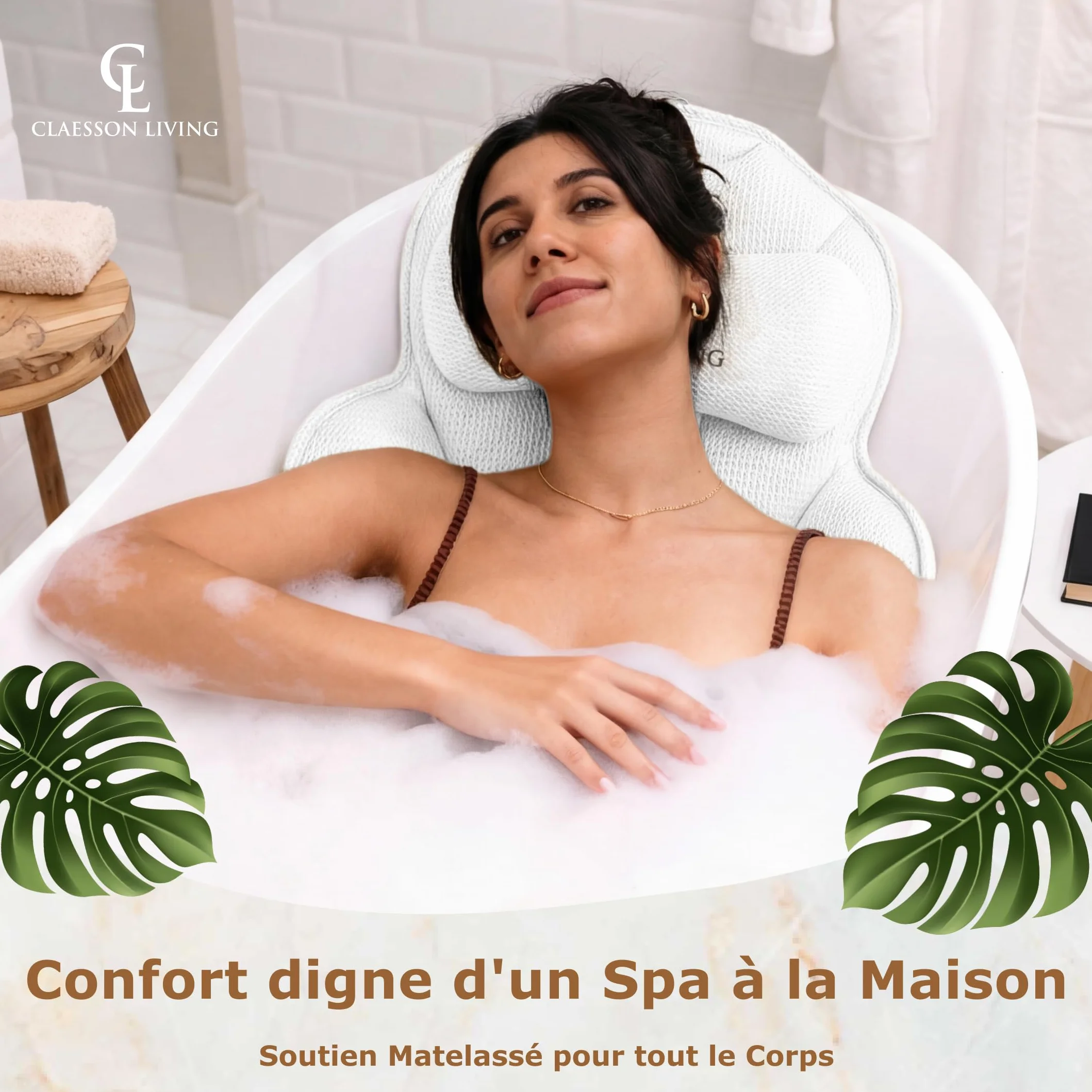 Coussin Baignoire Corps Complet Claessonliving (152x56cm) - Matelas de Bain avec appuie-tête (11cm) & Supports Corps - Coussin Baignoire Adulte - Oreiller Baignoire - Sacs de Lavage Inclus - Blanc