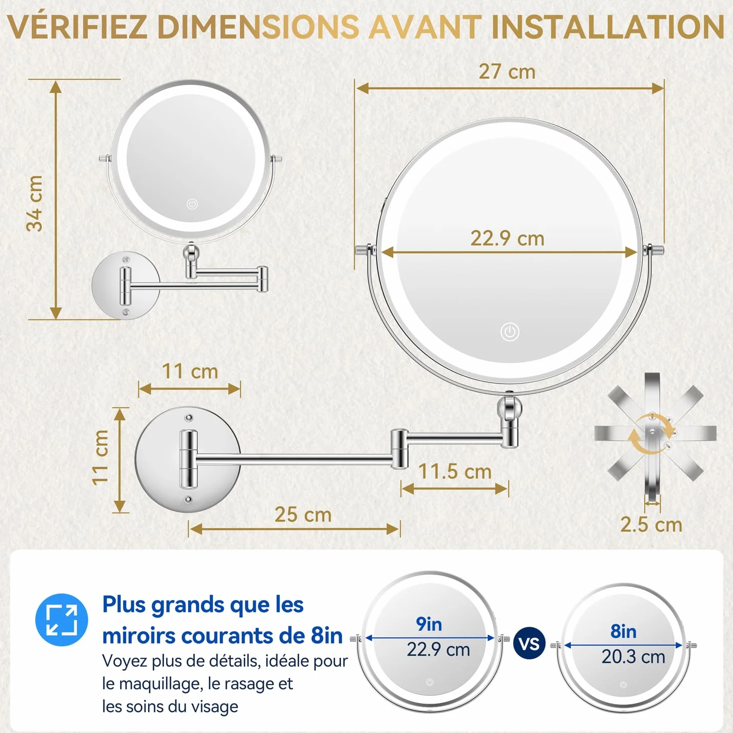 Auxmir 9" Miroir Grossissant Mural Rechargeable 5000 mAh, Miroir Grossissant x30 Réglable en Hauteur et Rotatif 360° pour Soins du Visage et Rasage pour Toute la Famille, Salles de Bain et Hôtels