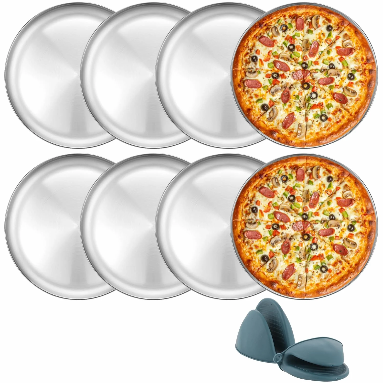 WOPPLXY Lot de 8 Plaque Pizza Four, Plaque Pizza 30cm avec des Gants en Silicone, Plat Pizzas Rond en Acier Inoxydable pour La Cuisson au Four