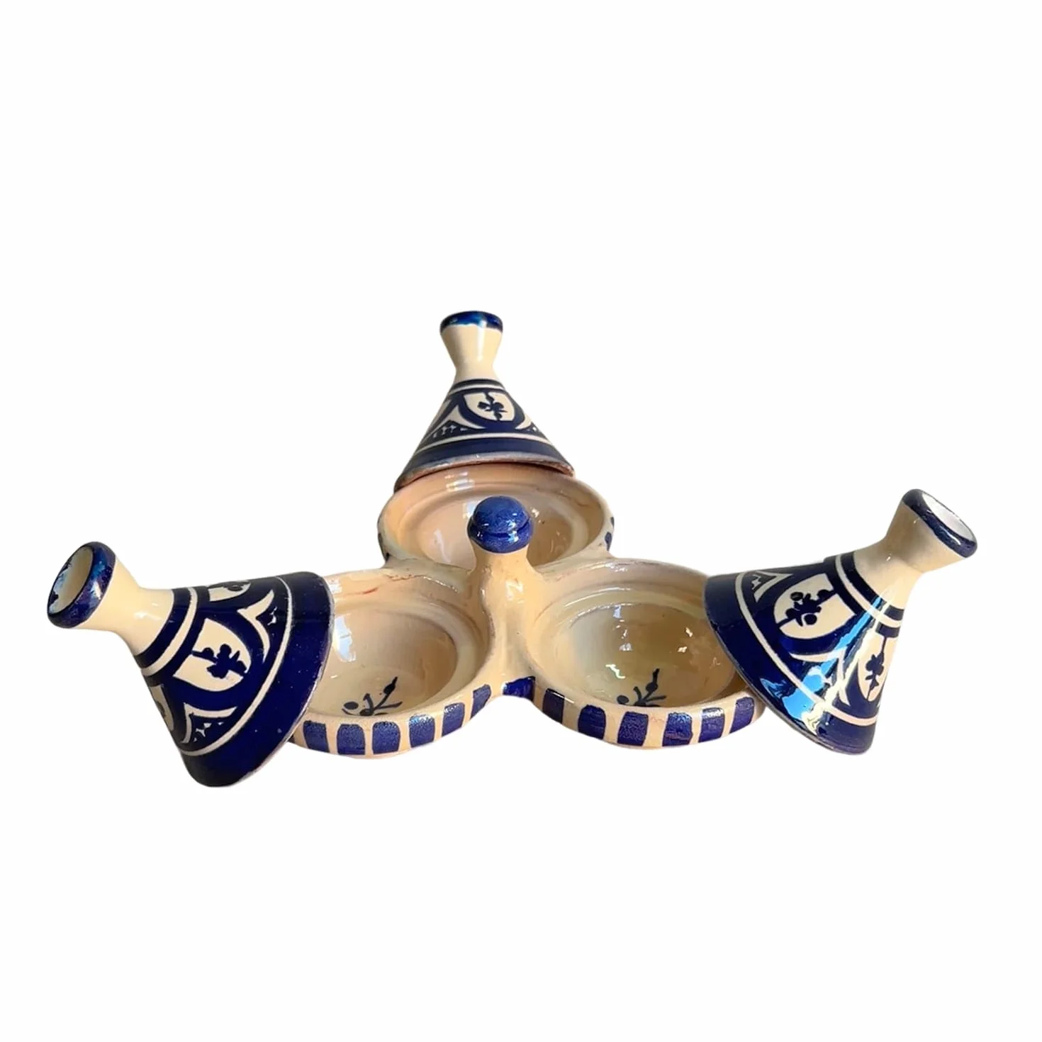 Mini Tajine Triple Porte Épices en Céramique Terre cuite Marocaine de Safi - Élégance Artisanale 3012250805 Tunisie Turquie Ethnique Modno