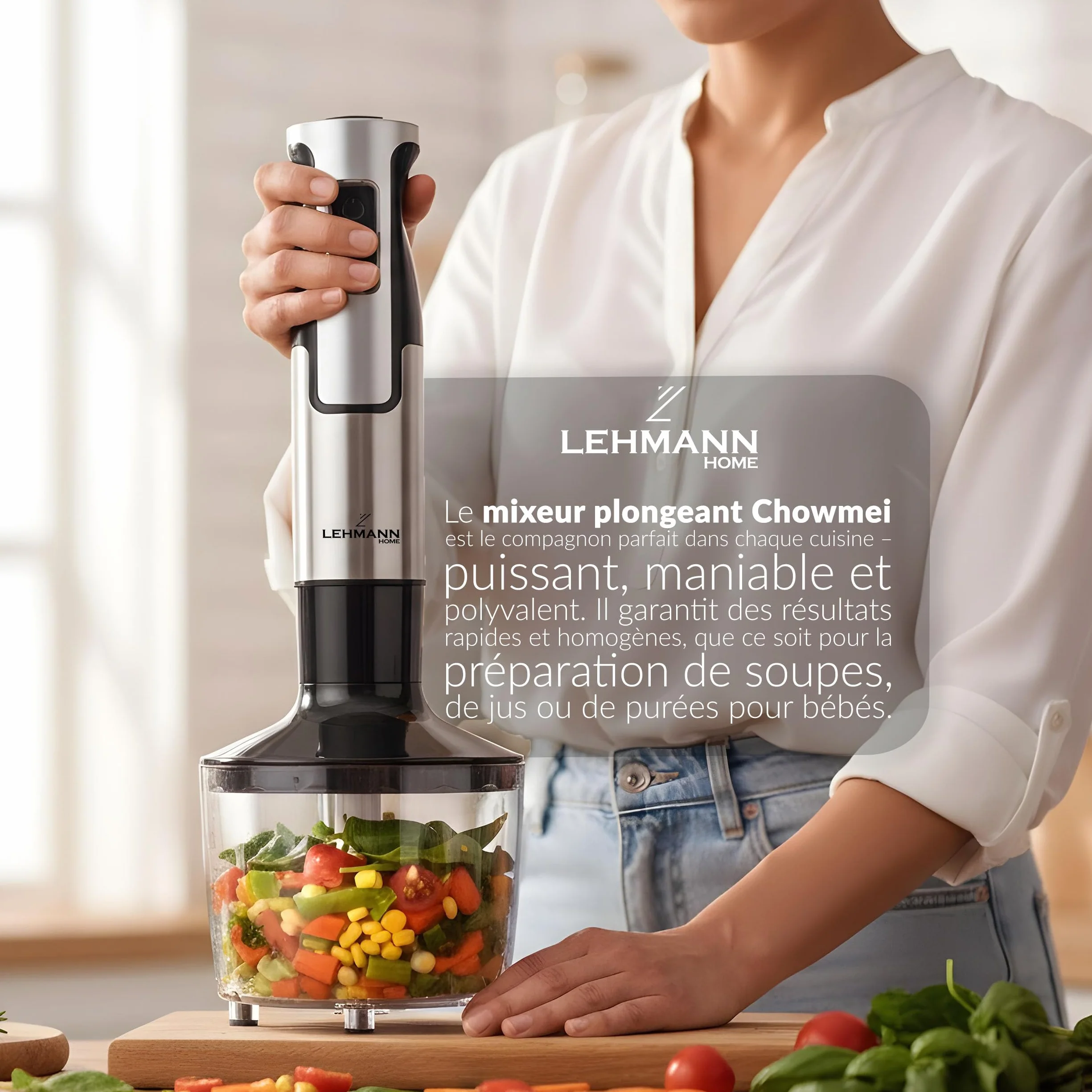 LEHMANN Chowmei 5-en-1 Mixeur Plongeant 1200 W, Réglage de vitesse à 8 niveaux, Fonction Turbo, Mixeur Multifonction avec 6 accessoires - Batteur, Fouet, Hachoir 600 ml, Verre Doseur 860 ml