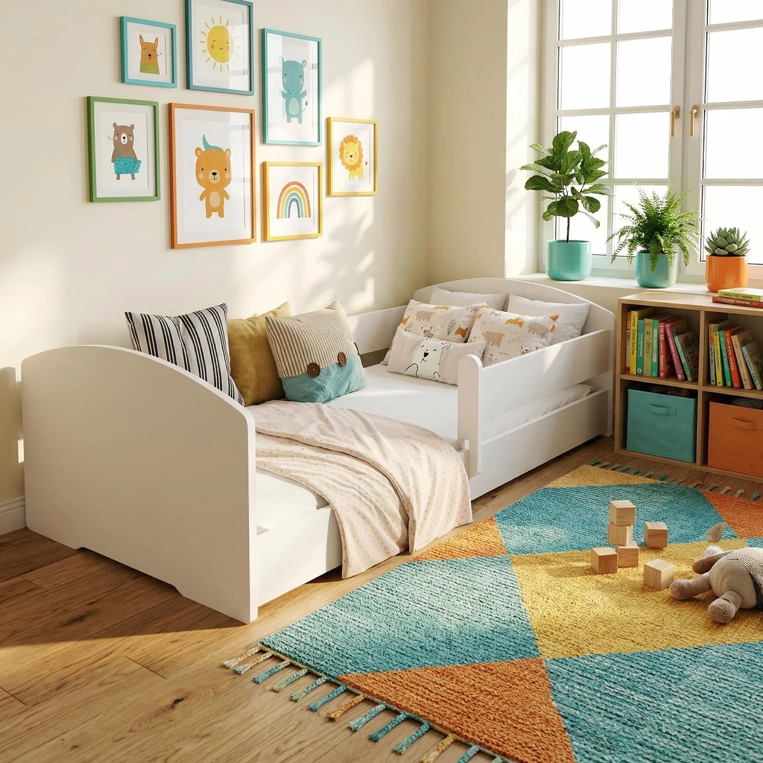 KOBI Lit Enfant Montessori Leo 140x70 avec Matelas et barrière Amovible – lit Bas sécurisé Blanc pour Chambre bébé et Enfant Style scandinave
