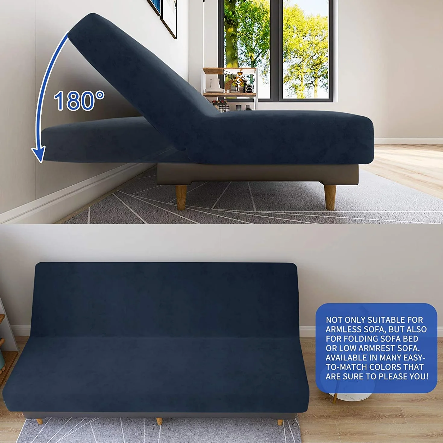 Housse de protection pour futon en velours, bleu marine, lavable en machine, antidérapante, fond élastique en Spandex