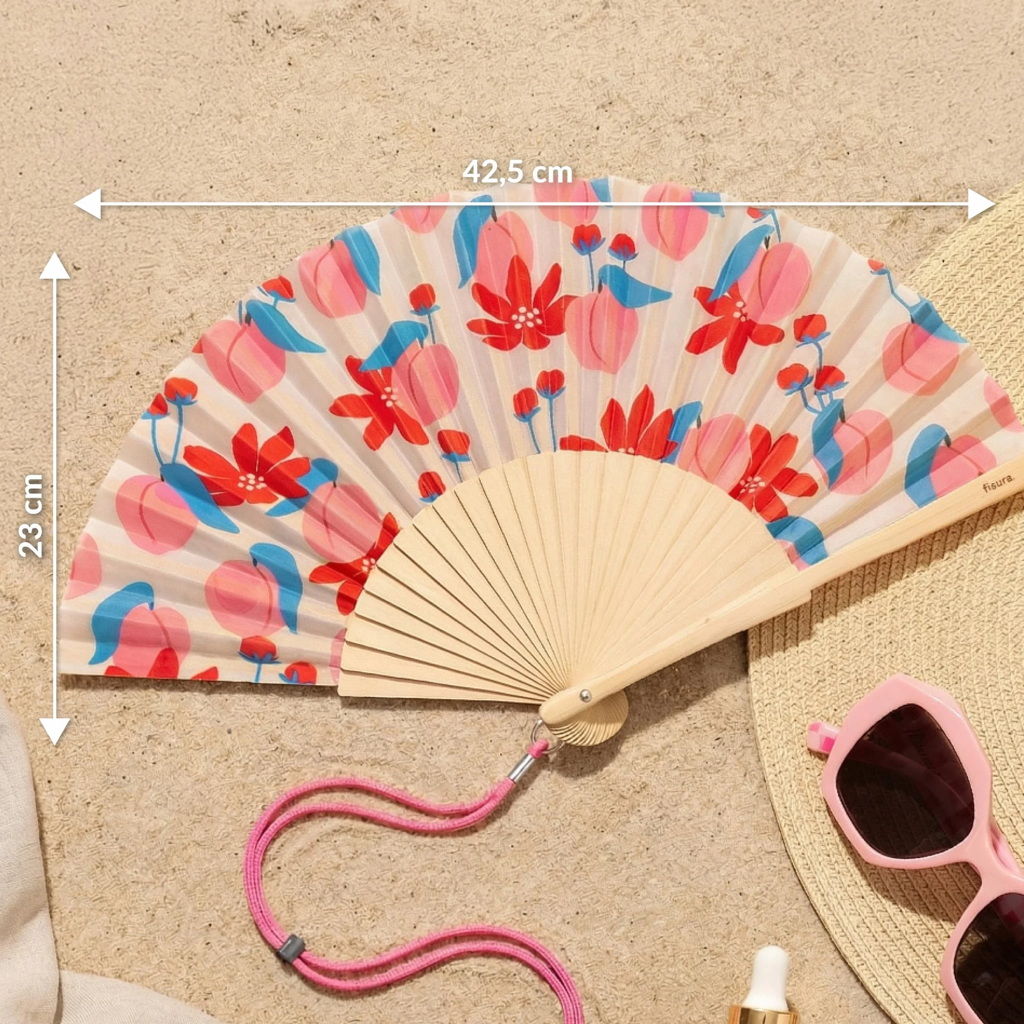 Éventail en Bois Motif Fleurs Rose et Rouge - Accessoire été léger pour Plage et Voyage 42,5 x 23 cm