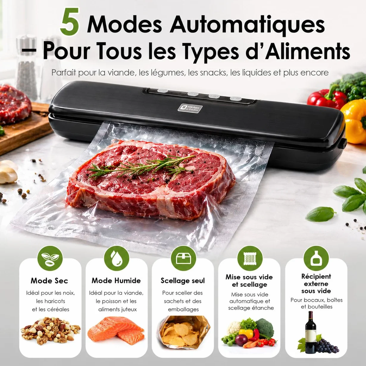 Machine Sous Vide Alimentaire Professionnelle – Kitchen in the Box Appareils de Mise Sous Vide avec 5 Modes, Scellage Rapide, Kit Complet pour la Conservation Hermétique et Longue Durée des Aliments