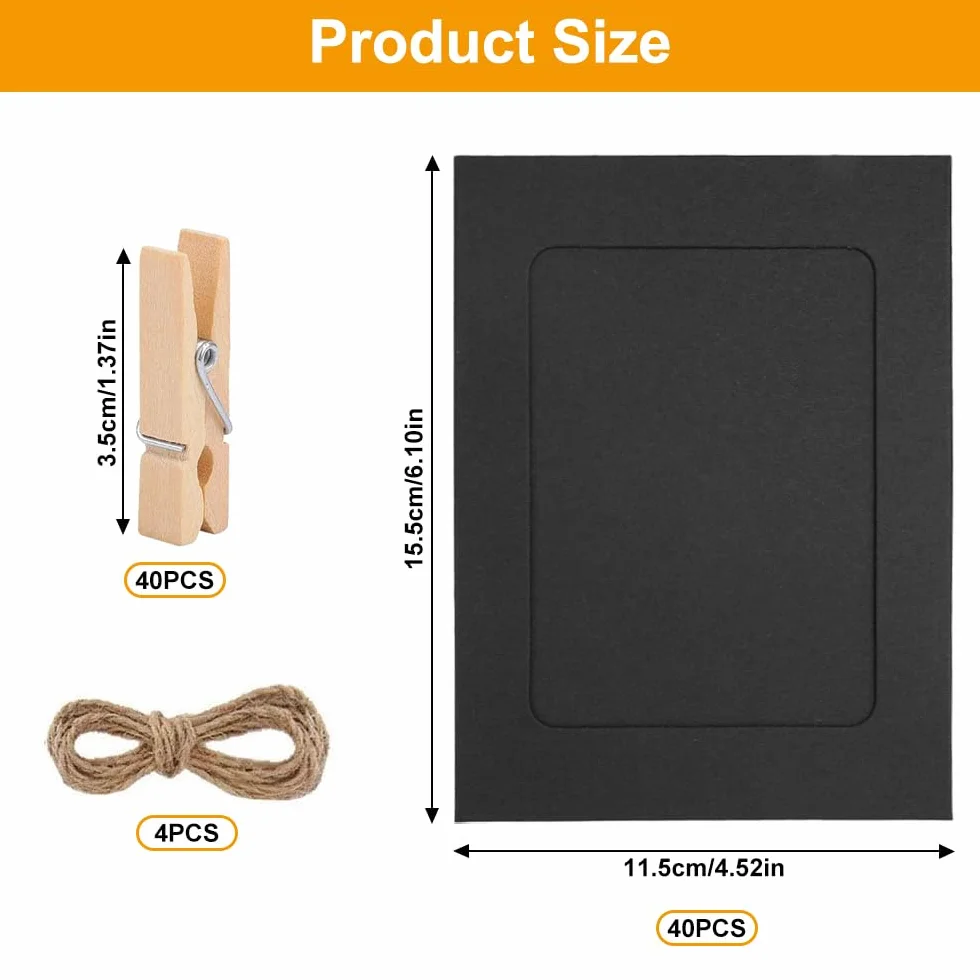 Cadre Photo en Papier Kraft 40 Pièces 11.5x15.5cm avec Pinces en Bois et Corde de Chanvre pour Décoration Murale
