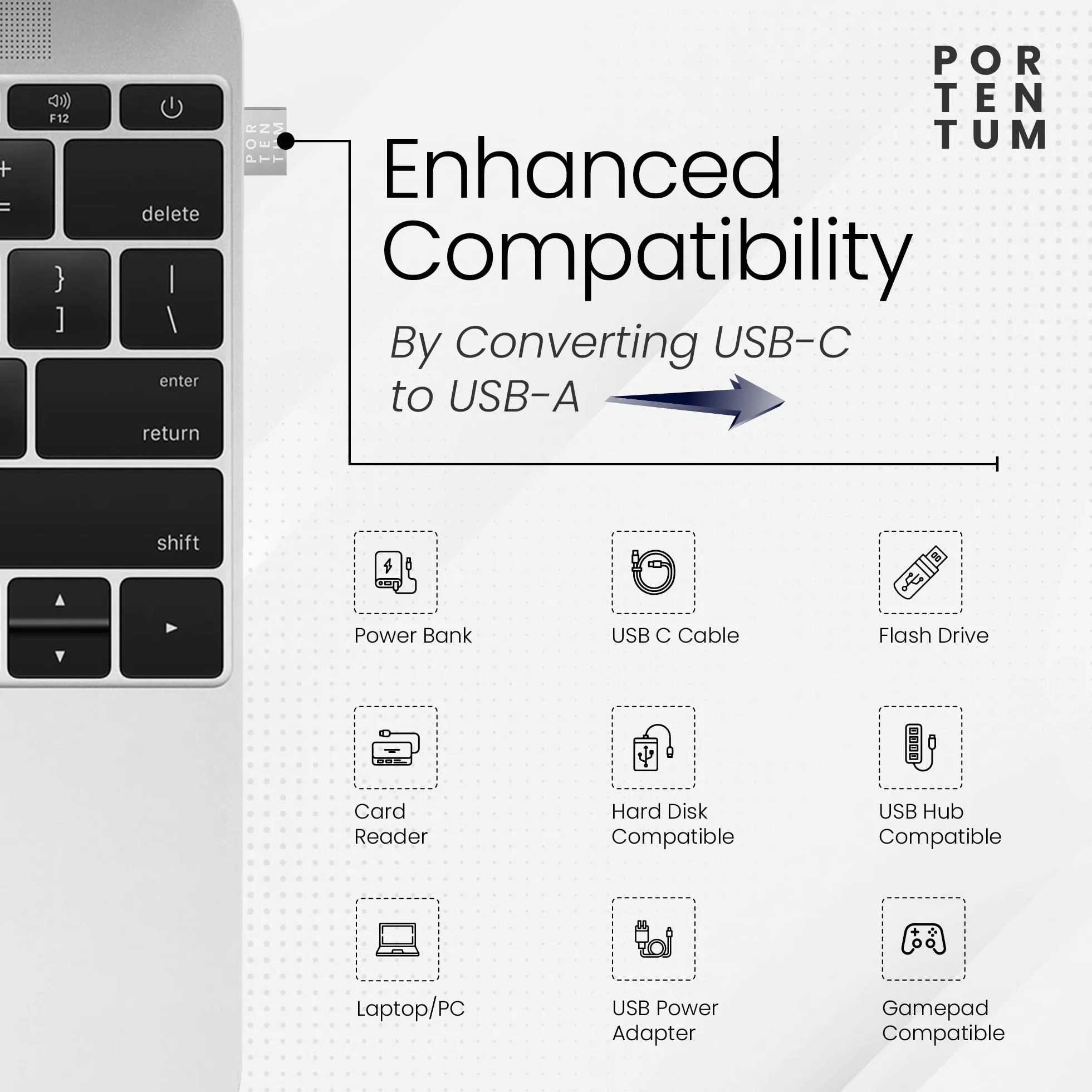 PORTENTUM Adaptateur USB C Femelle vers USB A Mâle 2.0 480 Mo Zinc
