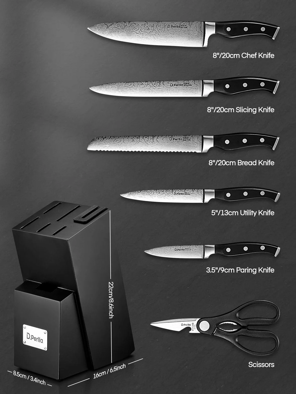 D.Perlla Couteau Cuisine, Bloc de Couteaux 7 pièces avec Affûteur Intégré, Bloc de Bois Noir, Couteaux Ciseaux, Acier Inoxydable, Manche Noir