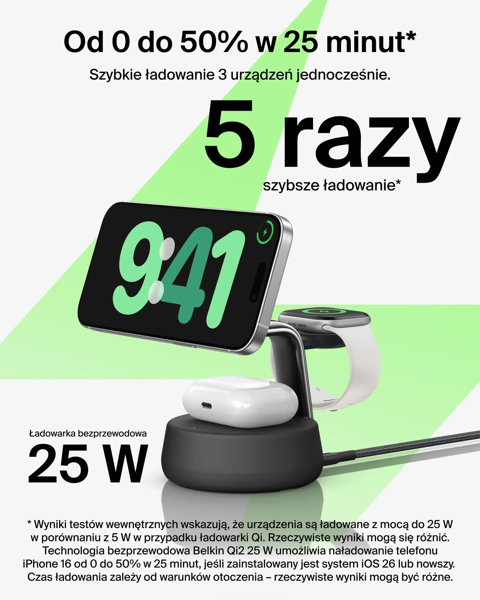 Belkin UltraCharge Pro Qi2 25W Ładowarka Bezprzewodowa 3 W 1, Kompatybilna z MagSafe, Stacja Ładująca do IPhone 16, Apple Watch, AirPods, Pixelsnap, z Wentylatorem i Zasilaczem 45W, Czarna