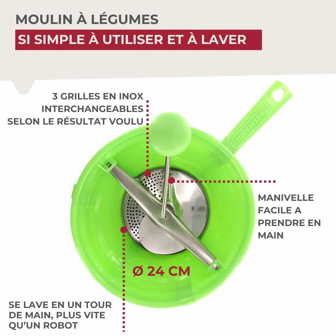 Fackelmann Moulin à légumes 24 cm Acier Inoxydable