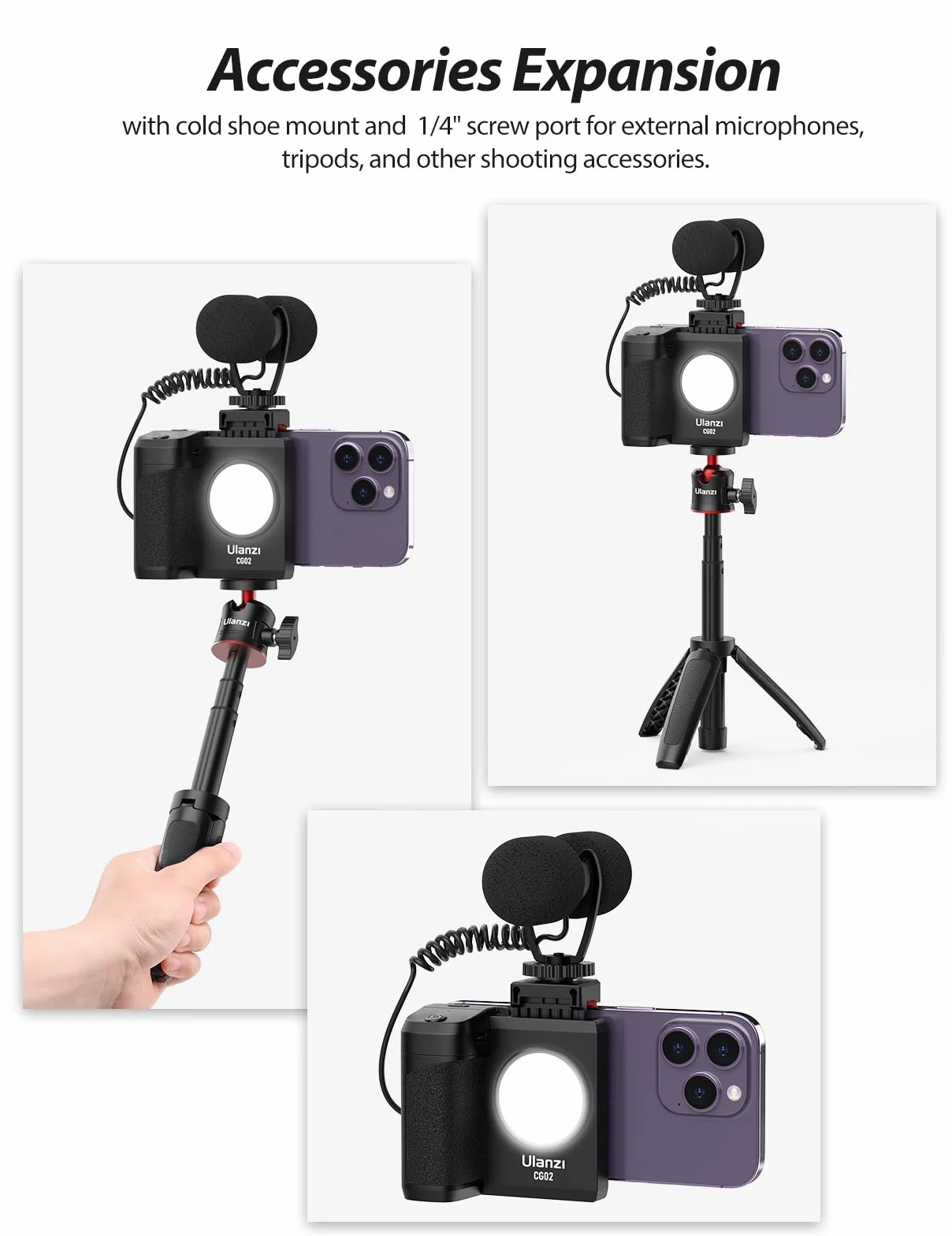 ULANZI CG-02 uchwyt do smartfona, ulepszony uchwyt aparatu do telefonu z pilotem migawki, ręczny uchwyt na statywie, światło wypełniające, akcesoria fotograficzne do iPhone'a 15, 14 Pro Max itp