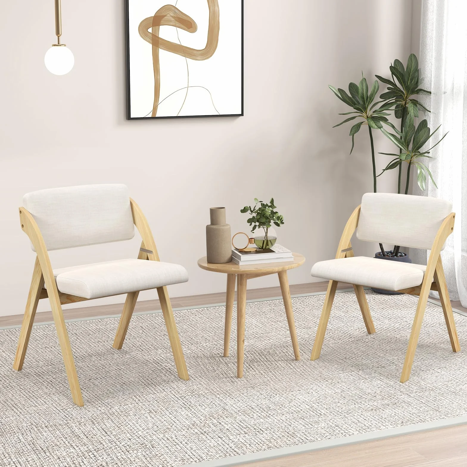 COSTWAY Lot de 2 Chaise Pliante, Chaise de Cuisine Pliable avec Pieds en Bois de Caoutchouc, Siège et Dossier Rembourrés, sans Montage (Naturel Beige)