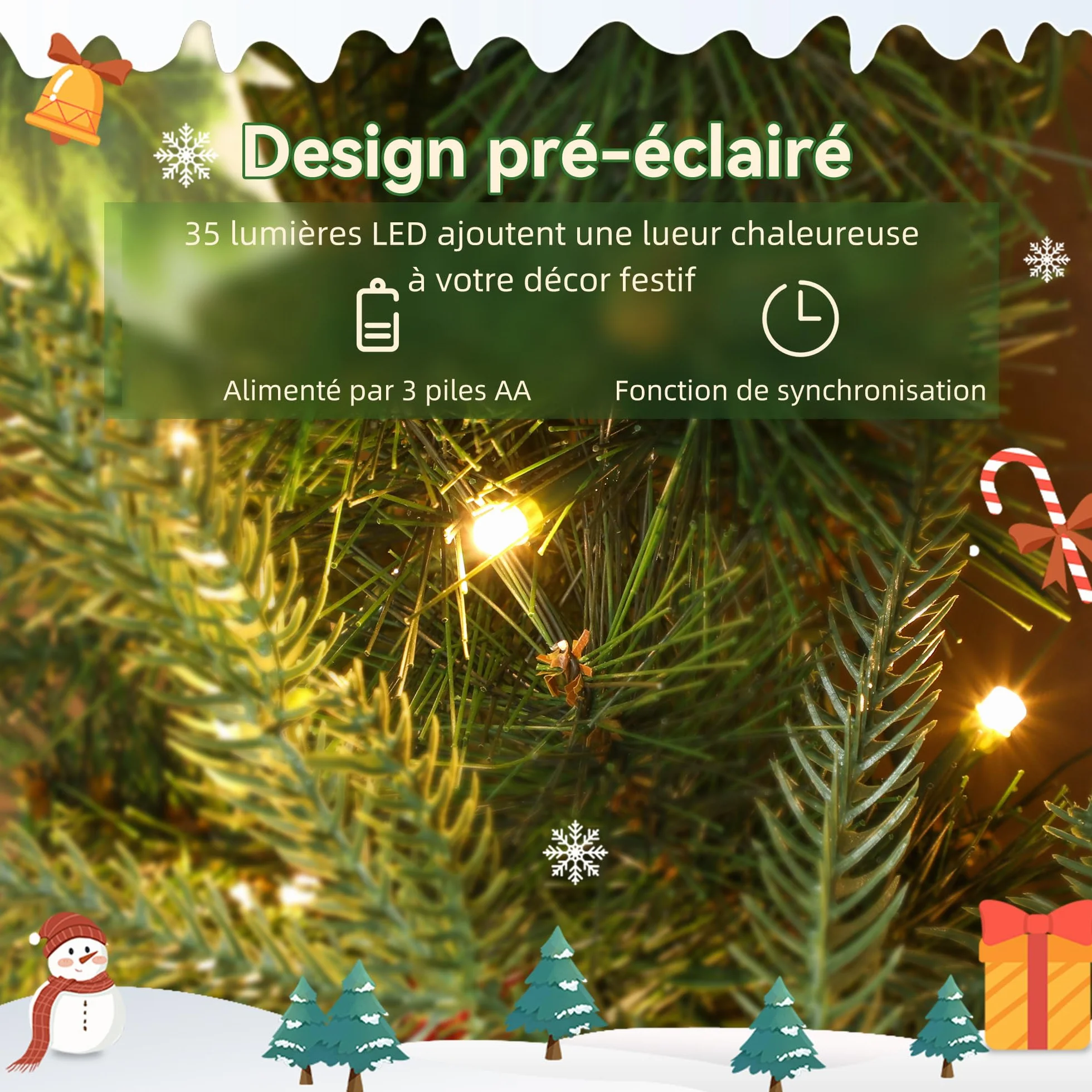 HOMCOM Couronne de Noël Lumineuse 60 cm avec 35 LED Blanc Chaud, minuterie, Couronne de Noël de Porte d'entrée, 170 Pointes, Pommes de pin, Baies, Feuilles de Houx, pour Porte, Mur, cheminée, Vert
