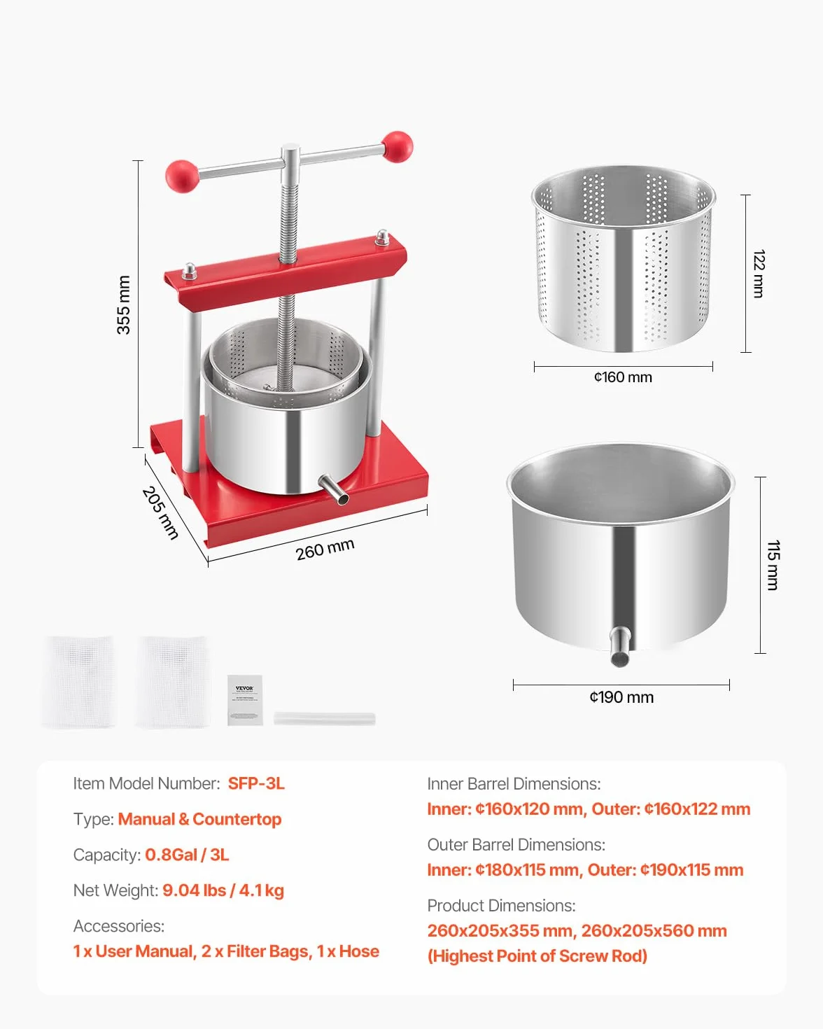 VEVOR Pressoir à Fruits Manuel Capacité 3 L, Presse à Vin avec 2 Barils en Acier Inoxydable, avec Poignée en T, Nettoyage Facile, Presse à Jus, Raisin, Cidre de Pomme pour la Cuisine et la Maison