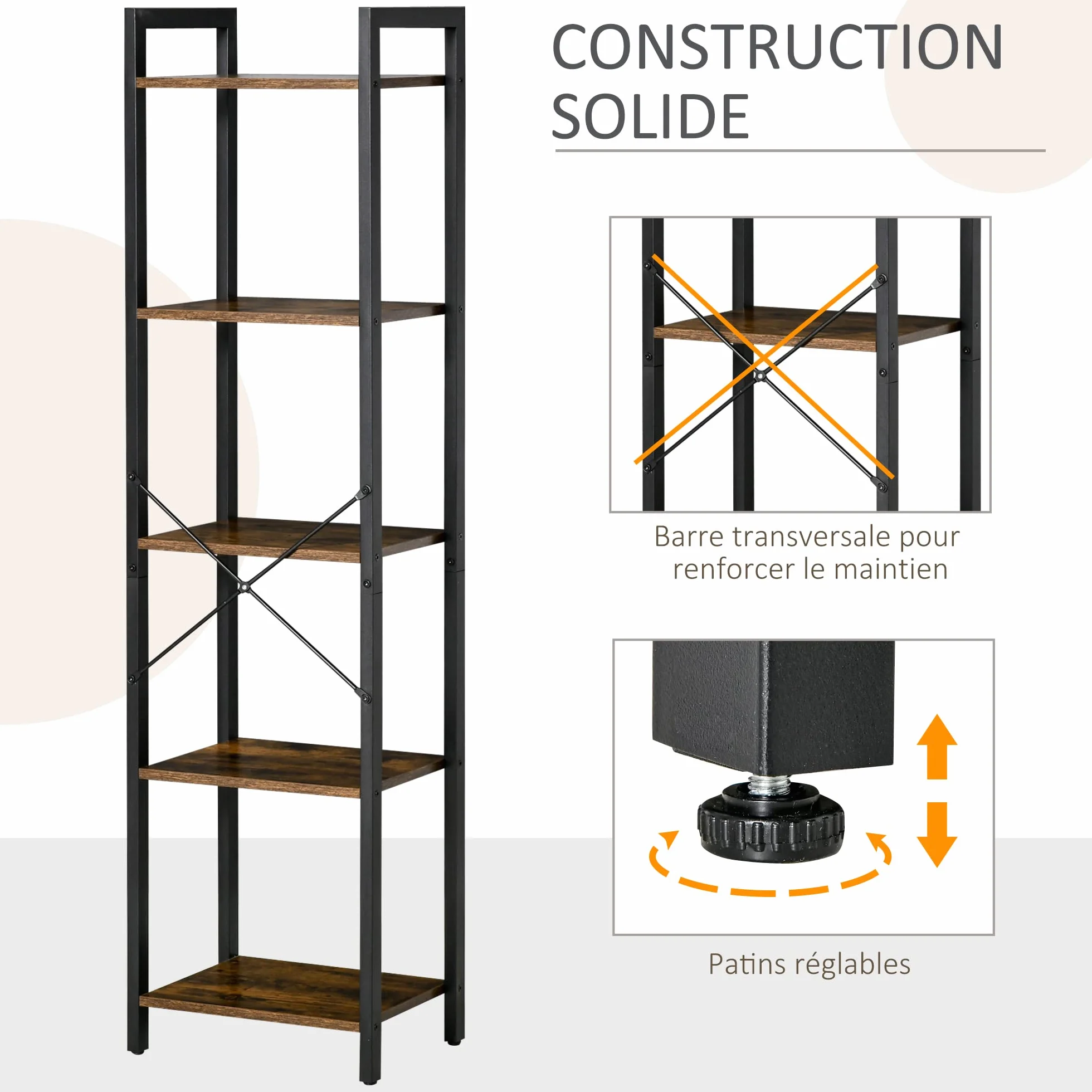 HOMCOM Étagère bibliothèque Style Industriel H154 cm 5 étagères Acier Noir Panneaux Particules Aspect Bois Vieilli