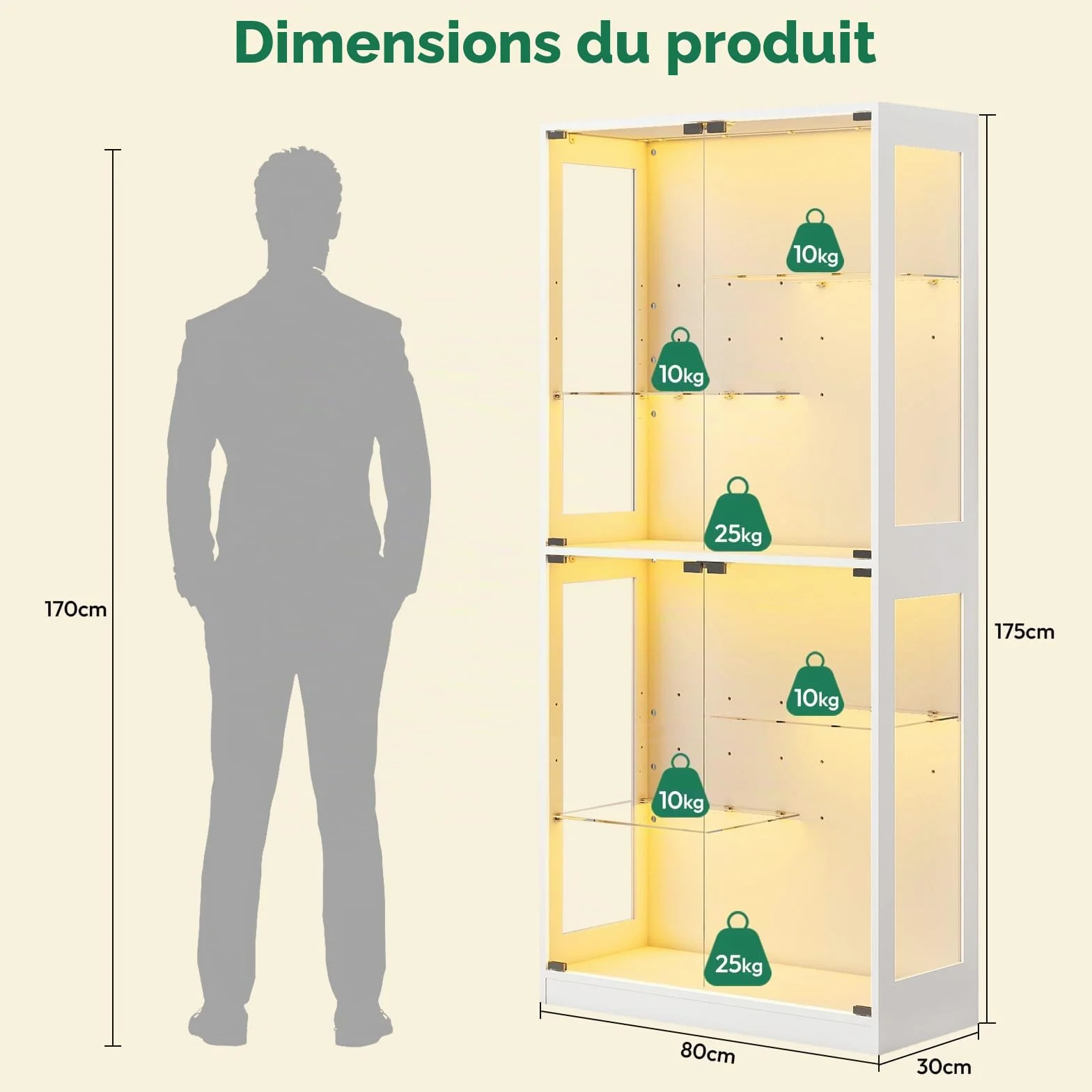 Lamtor Vitrine en Verre Debout, 175 cm, avec éclairage LED RVB, réglable en Hauteur, avec Verre trempé de sécurité et Fermeture magnétique, pour Les Collections dans Le Salon, Blanche