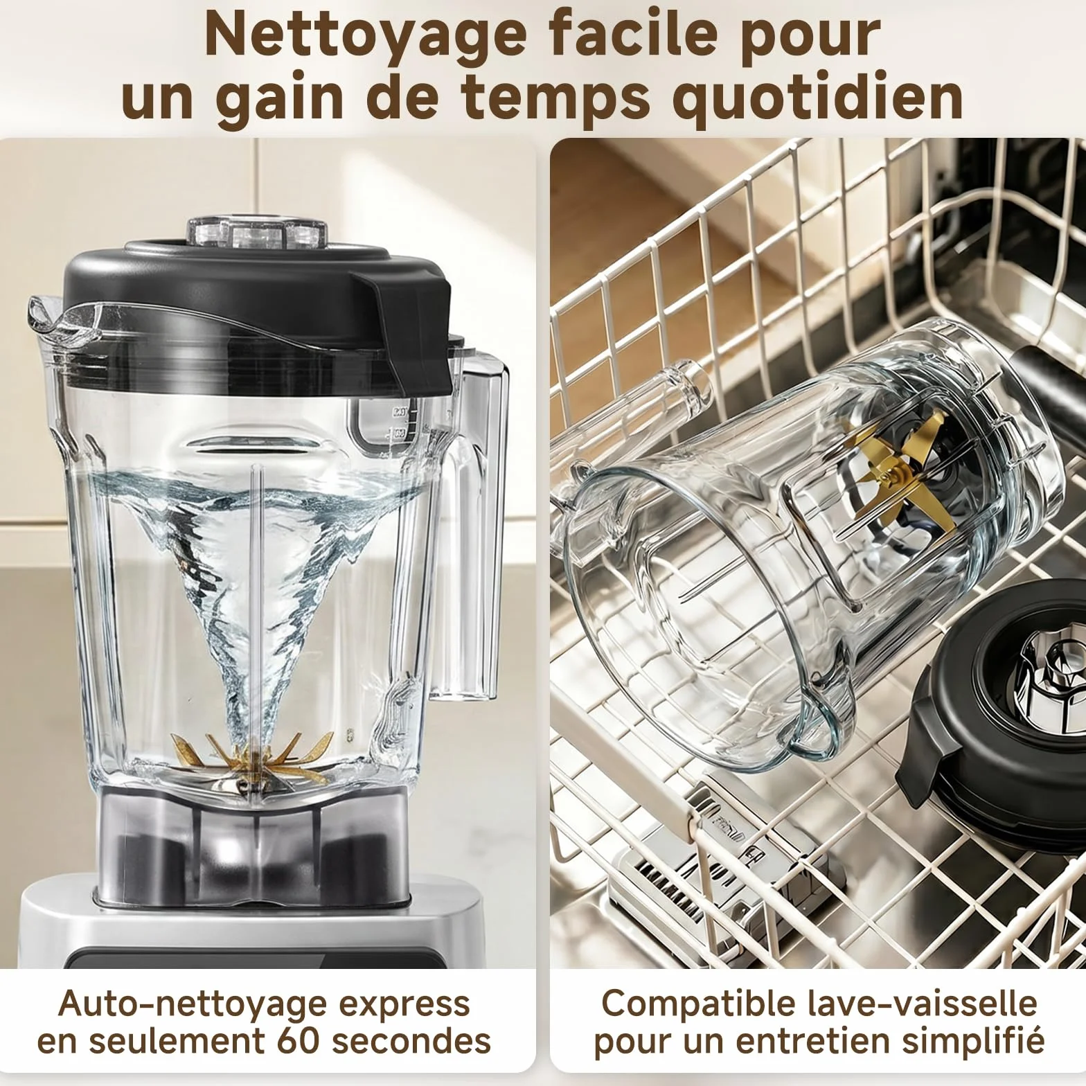AMZCHEF Blender Électrique 1800W, Mixeur Haute Performance avec Bol 2L Tritan Sans BPA, 6 Lames en Acier Inoxydable Revêtement Titane, Smoothies, Glace Pilée, Shakes, Nettoyage Facile, Noir/Argent