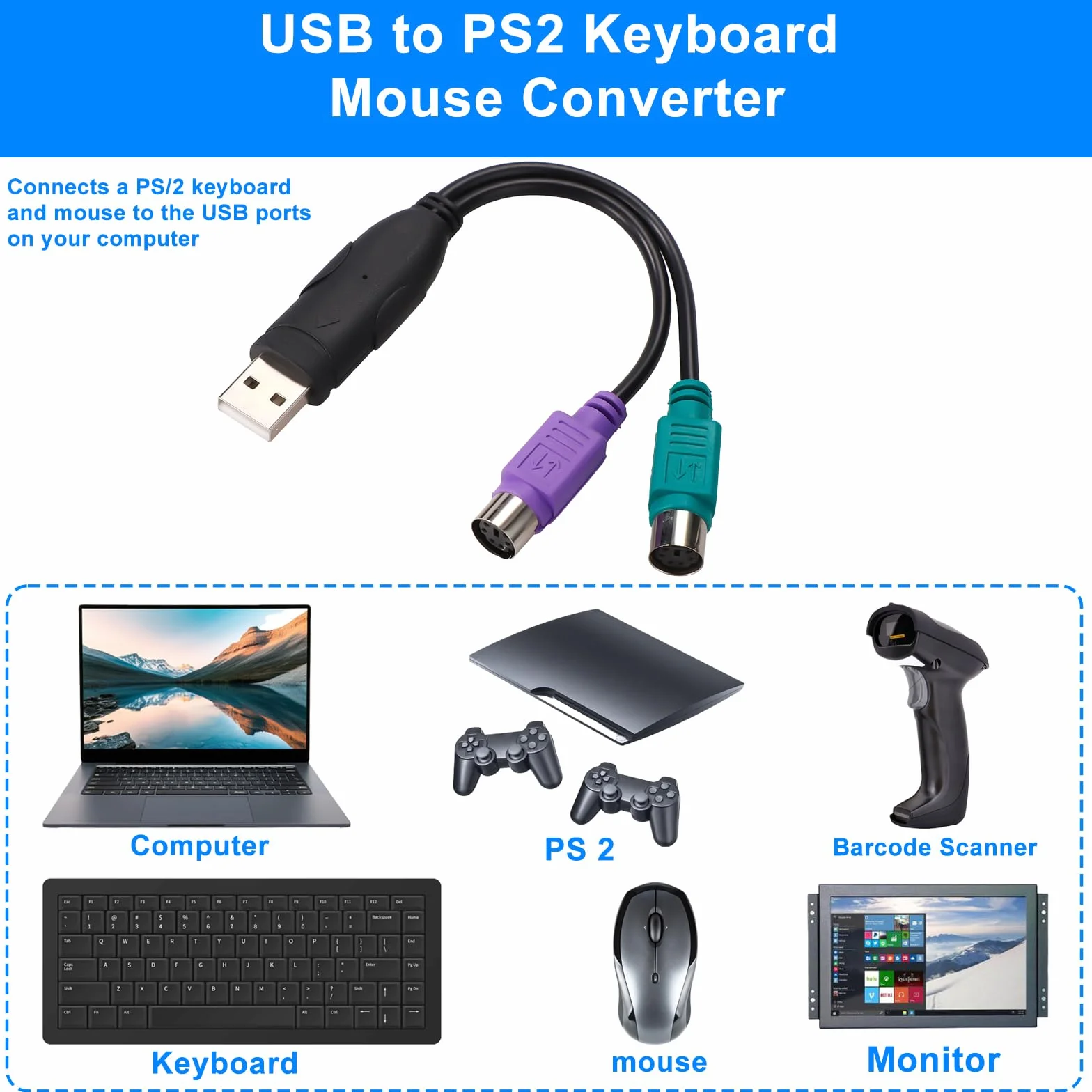 Adaptateur PS2 Vers USB 18,9cm Convertisseur Clavier Souris PS/2 vers USB Ports Violet Vert