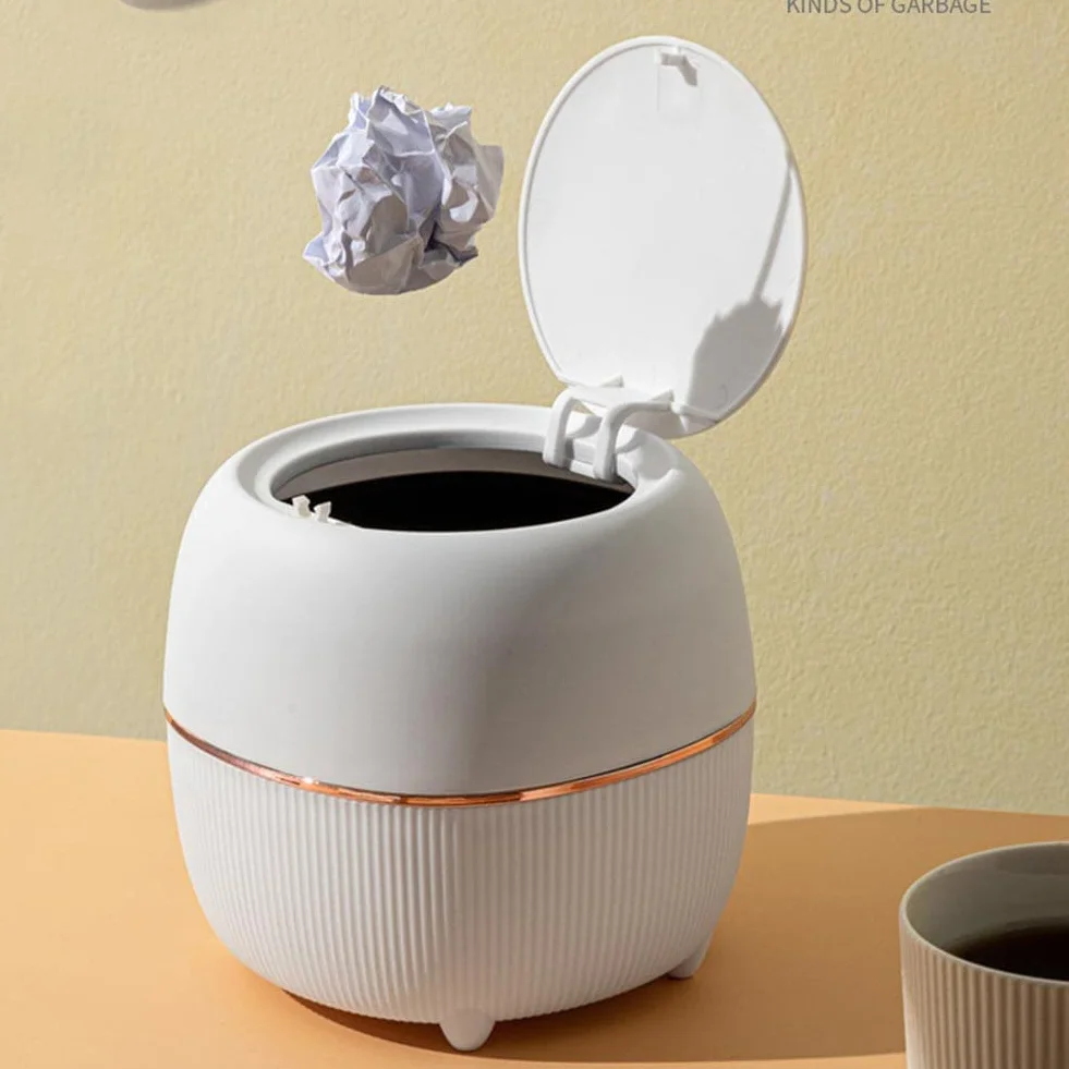 Poubelle de Bureau Créative en Plastique avec Couvercle à Bouton - Petite Poubelle de Table (Blanc)