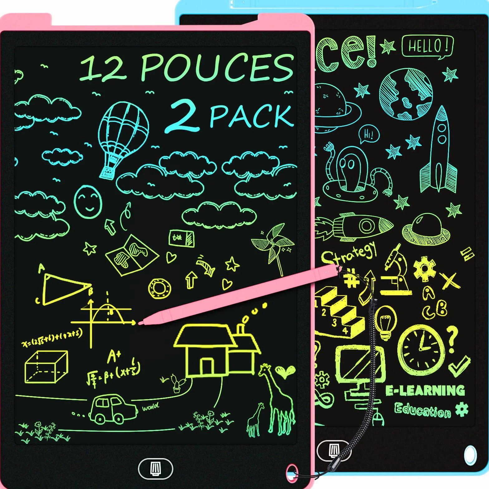 Electight Tablette Dessin Enfants 12 Pouces LCD Colorée avec Bouton Effacement Verrouillage Bleu Rose