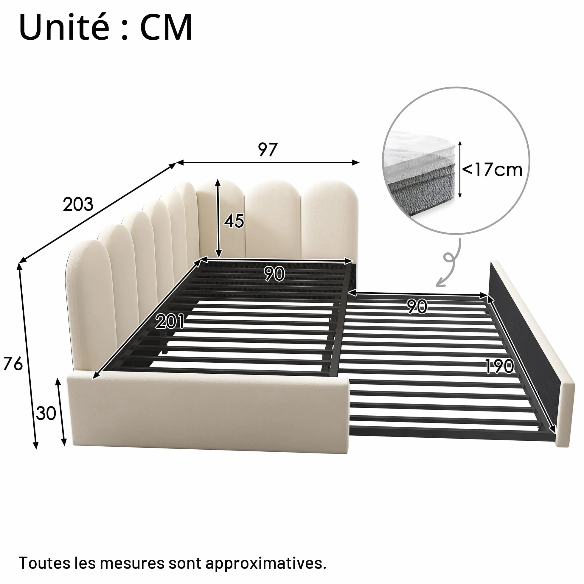 Zepneiy Lit 90x200 avec lit gigogne 90x190, Canapé lit avec parois latérales interchangeables, avec sommier à Lattes,Velours Beige (sans Matelas)
