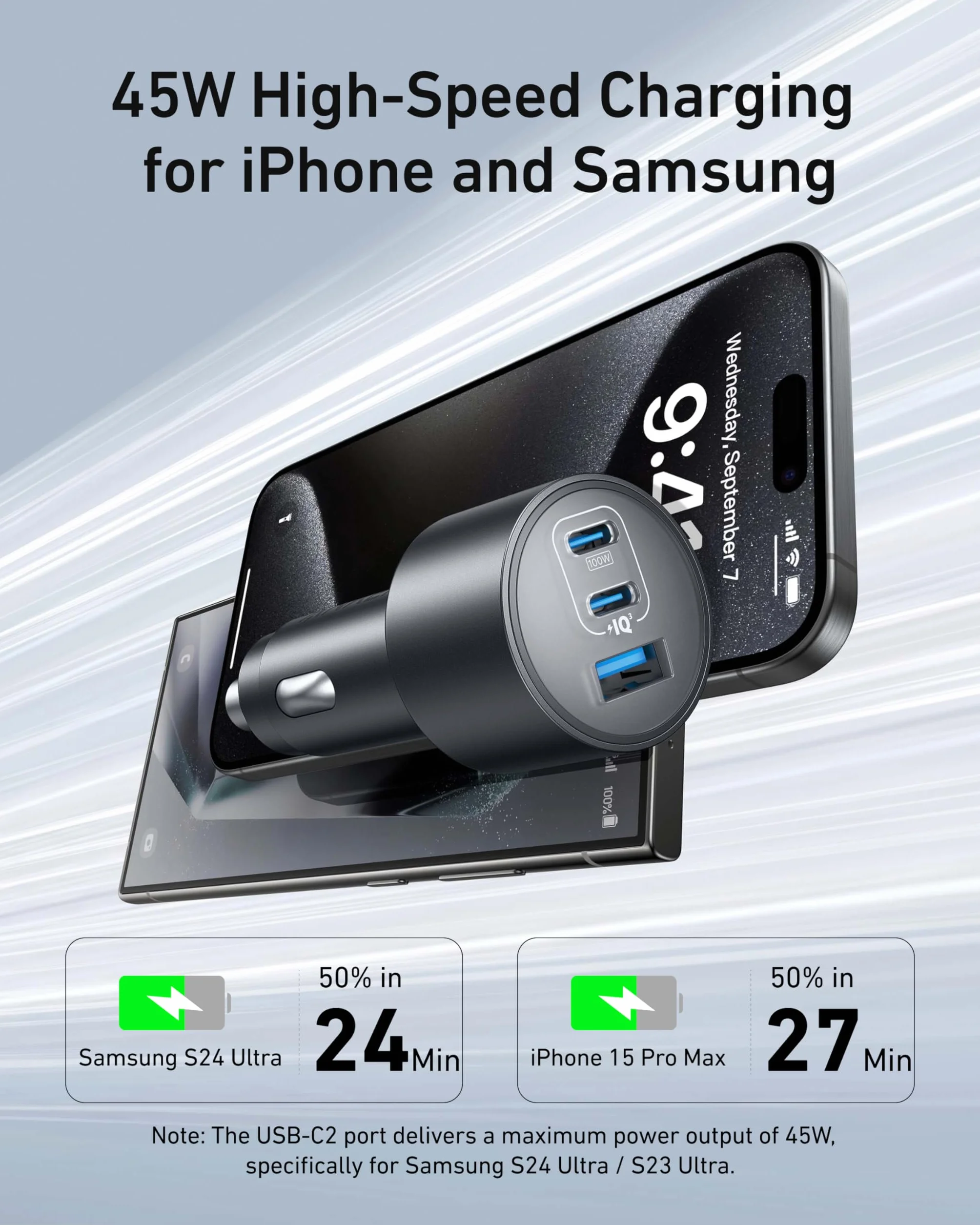 Ładowarka samochodowa Anker USB-C, 167,5W Max 3-portowa ultrakompaktowa szybka ładowarka samochodowa typu C, do MacBook Pro/Air, iPhone 15/14 / 13, Samsung S24 / S23, iPad Pro, AirPods