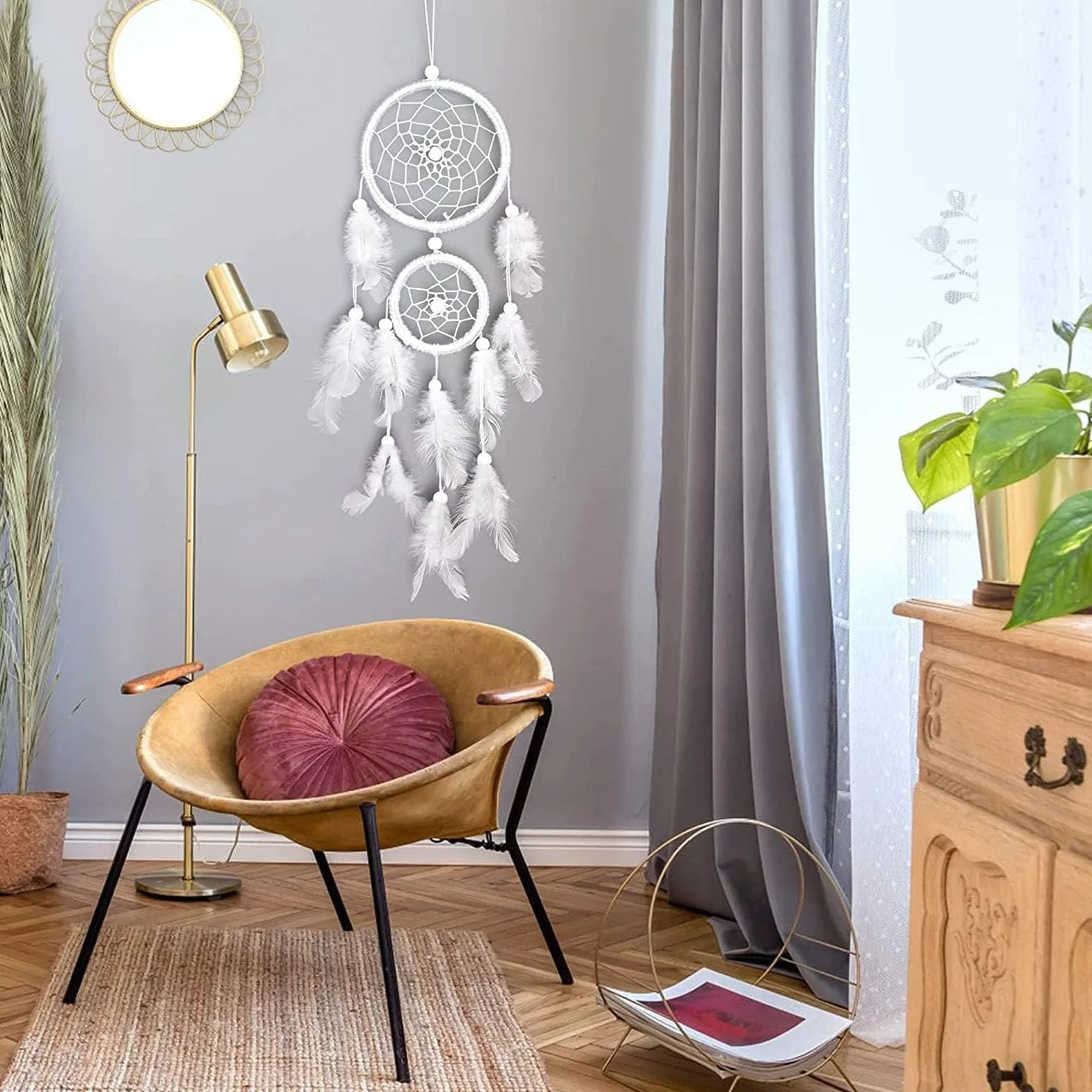 Attrape Rêve Grand Plumes 2 Cercles Tenture Murale Décoration Chambre Blanche