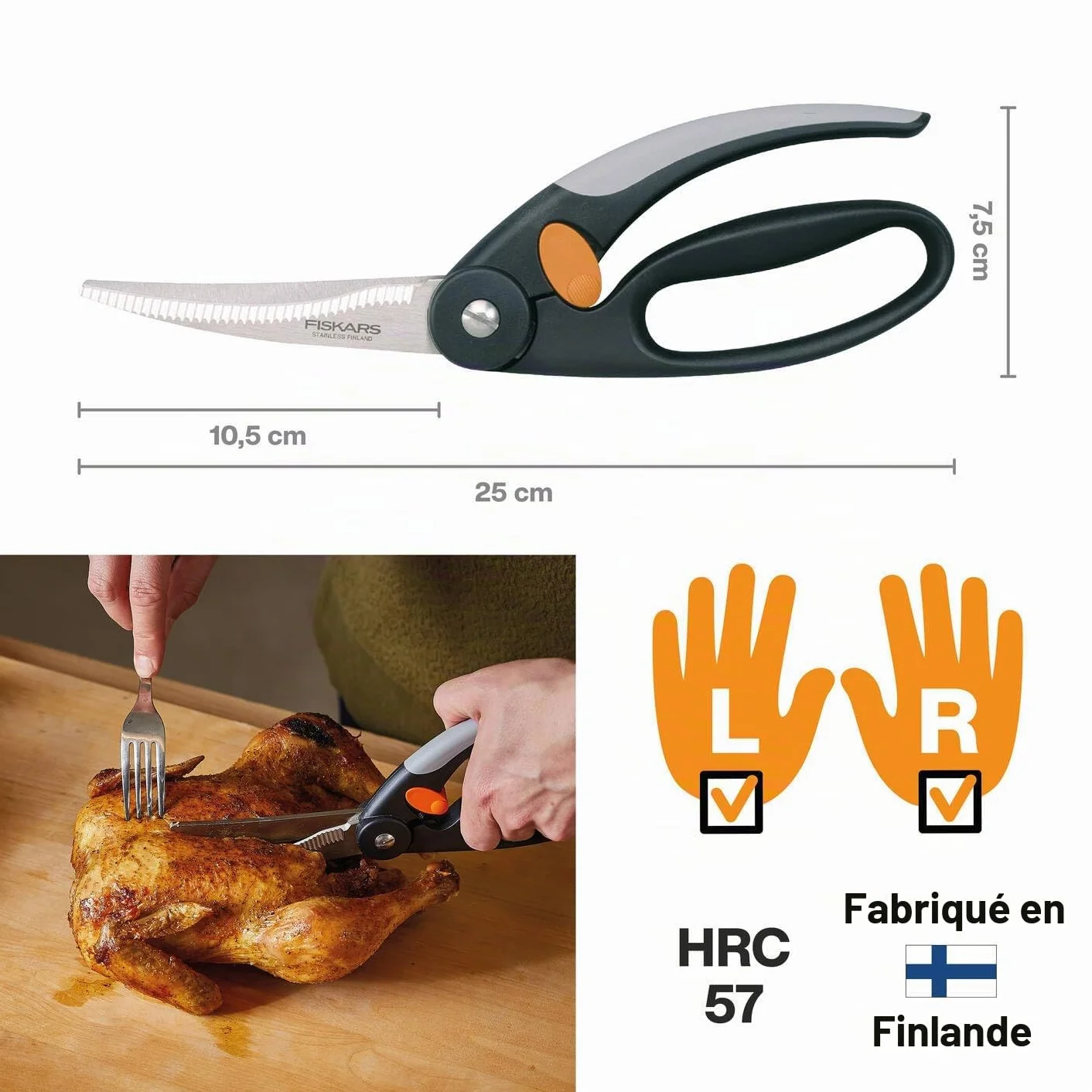 Fiskars Cisaille à volaille 25 cm Acier Plastique Noir Gris Orange