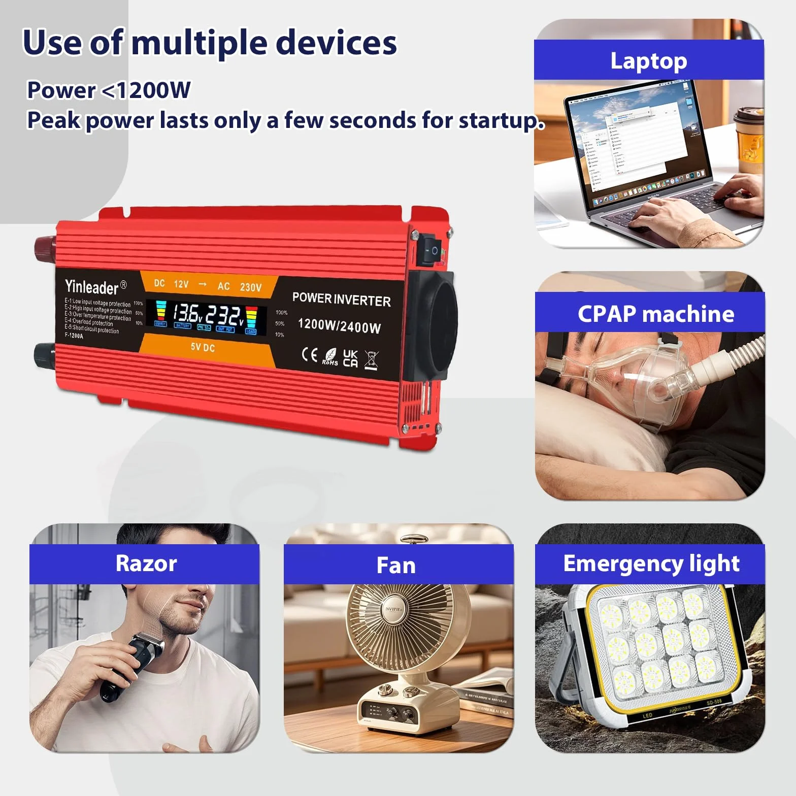 Yinleader Przetwornica napięcia 1200 W/2400 W 12 V 230 V falownik Dual USB Power Inverter z 1 gniazdem i wyświetlaczem LCD, do samochodu, czerwony