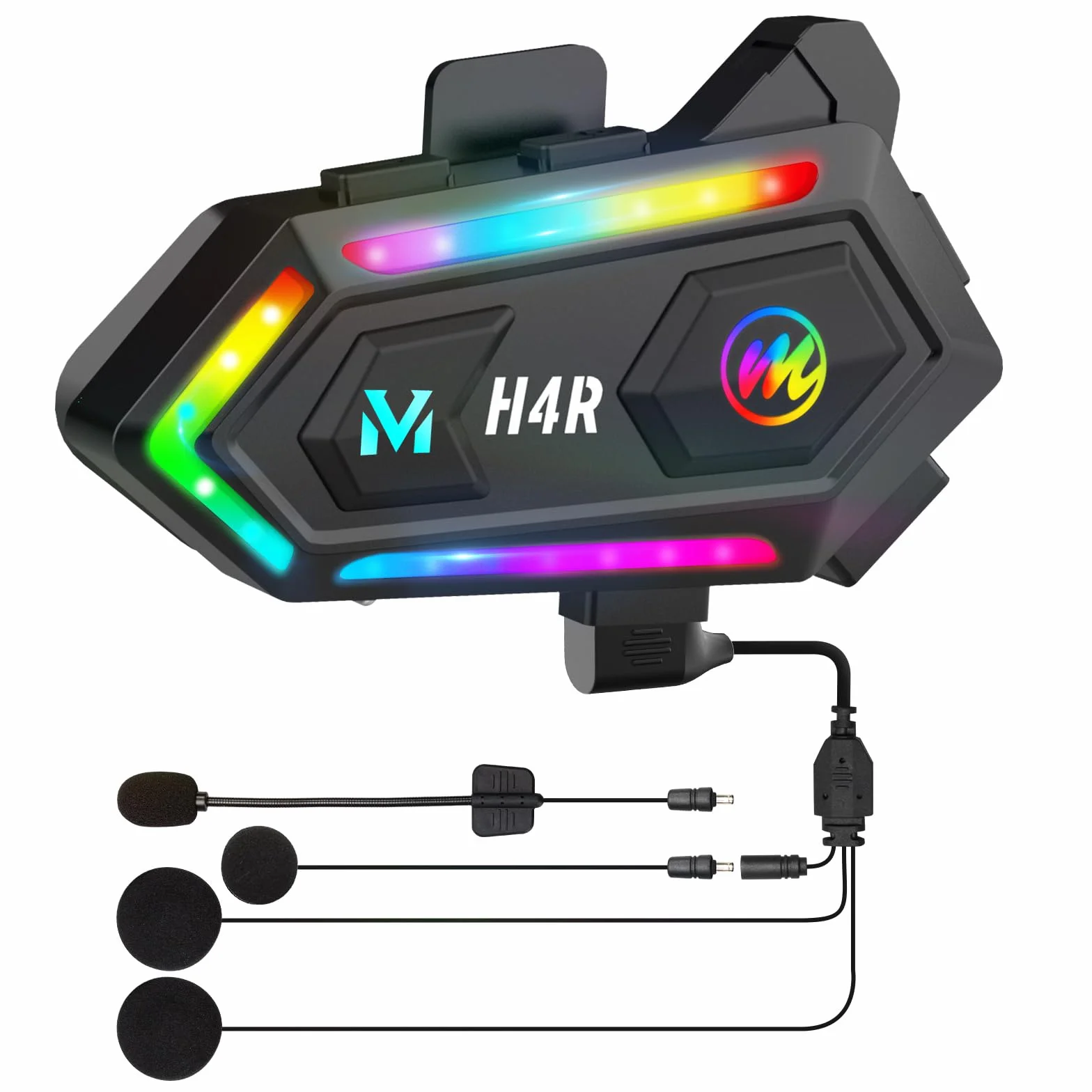 Moman Kask motocyklowy zestaw słuchawkowy, H4R ze światłem RGB, bezprzewodowe słuchawki motocyklowe do pojedynczej osoby 5.3 z 16 wodoodpornymi efektami świetlnymi, łączy 2 telefony, kaski