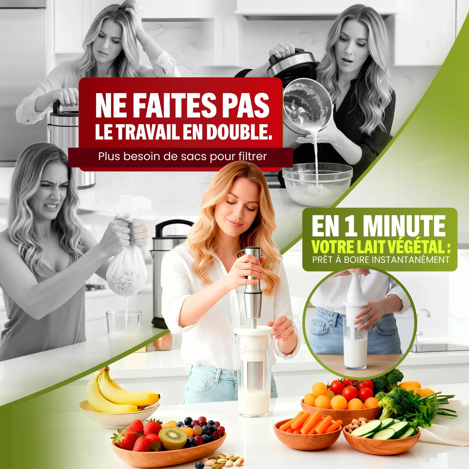 Vegan Milker Filtre Passoire Multifonction – Machine à Lait Végétal Maison Avoine, Amande, Soja | 1L en 1 Minute 100% Naturel avec Filtre | Compatible Mixeur | Ebook Recettes Inclus | Classic Blanc