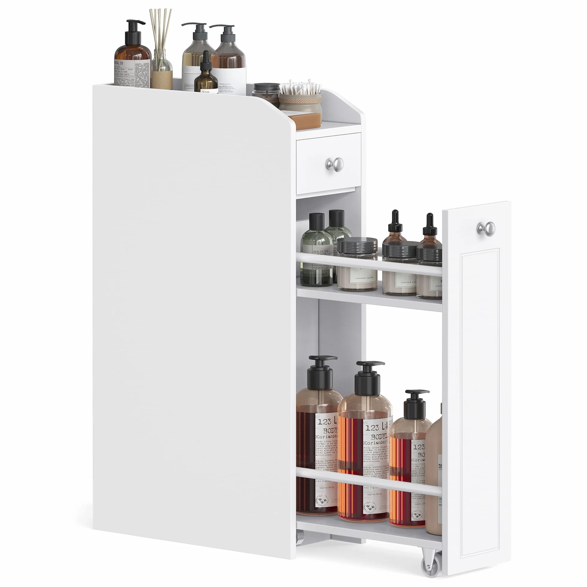 VASAGLE Petit Meuble de Salle de Bains, Placard Étroit, Petit Meuble de Rangement pour Papier Toilette, Armoire de Toilette avec Tiroir, Commode sur Pieds, pour Petits Espaces, Blanc BBC847P31