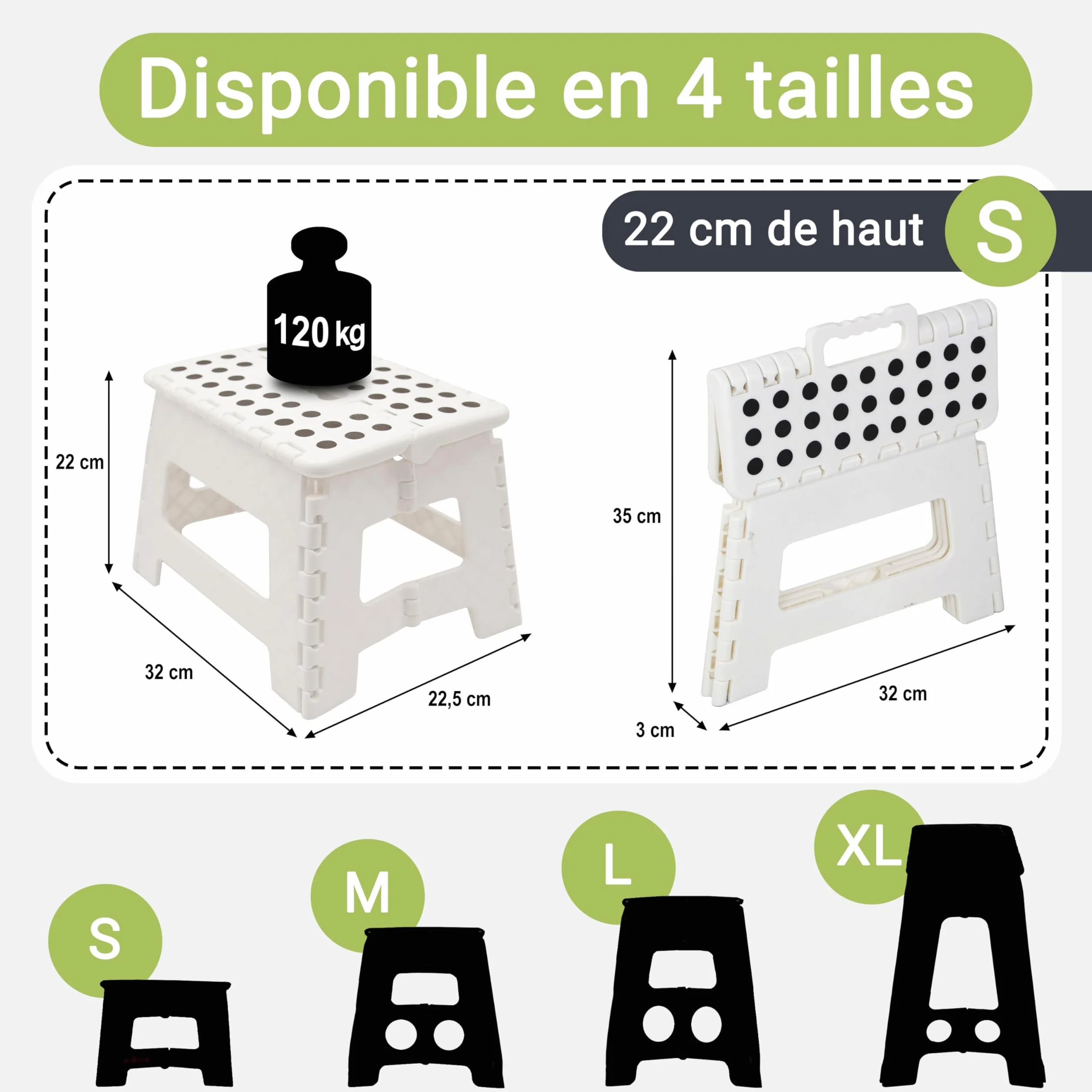 Tabouret Pliable ZOLLNER pour Enfants et Adultes 120 kg Plastique Blanc 22 cm