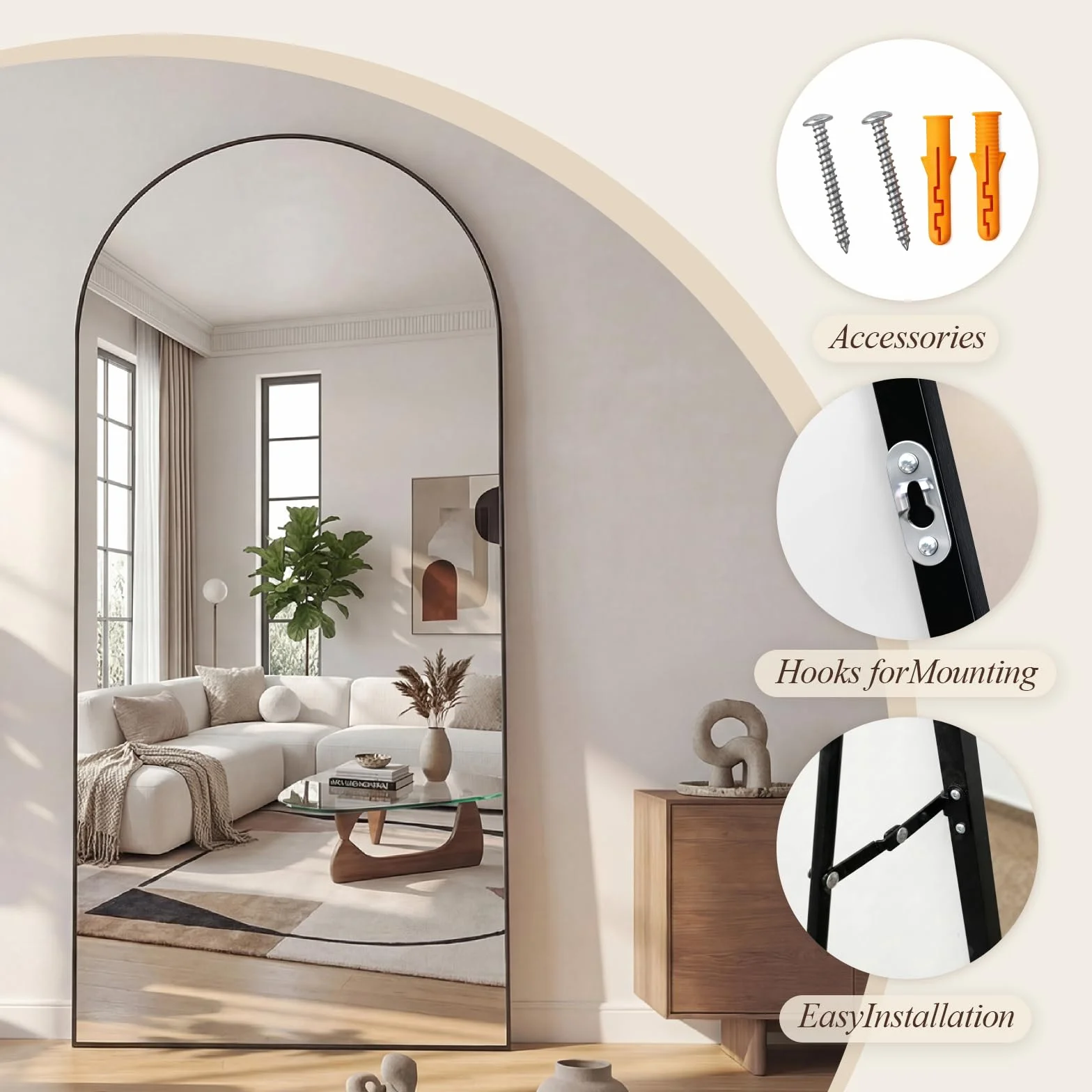 Miroir sur Pied Mural 180x75cm Grand Miroir Pleine Longueur Verre Sécurité Cadre Aluminium Design Arche