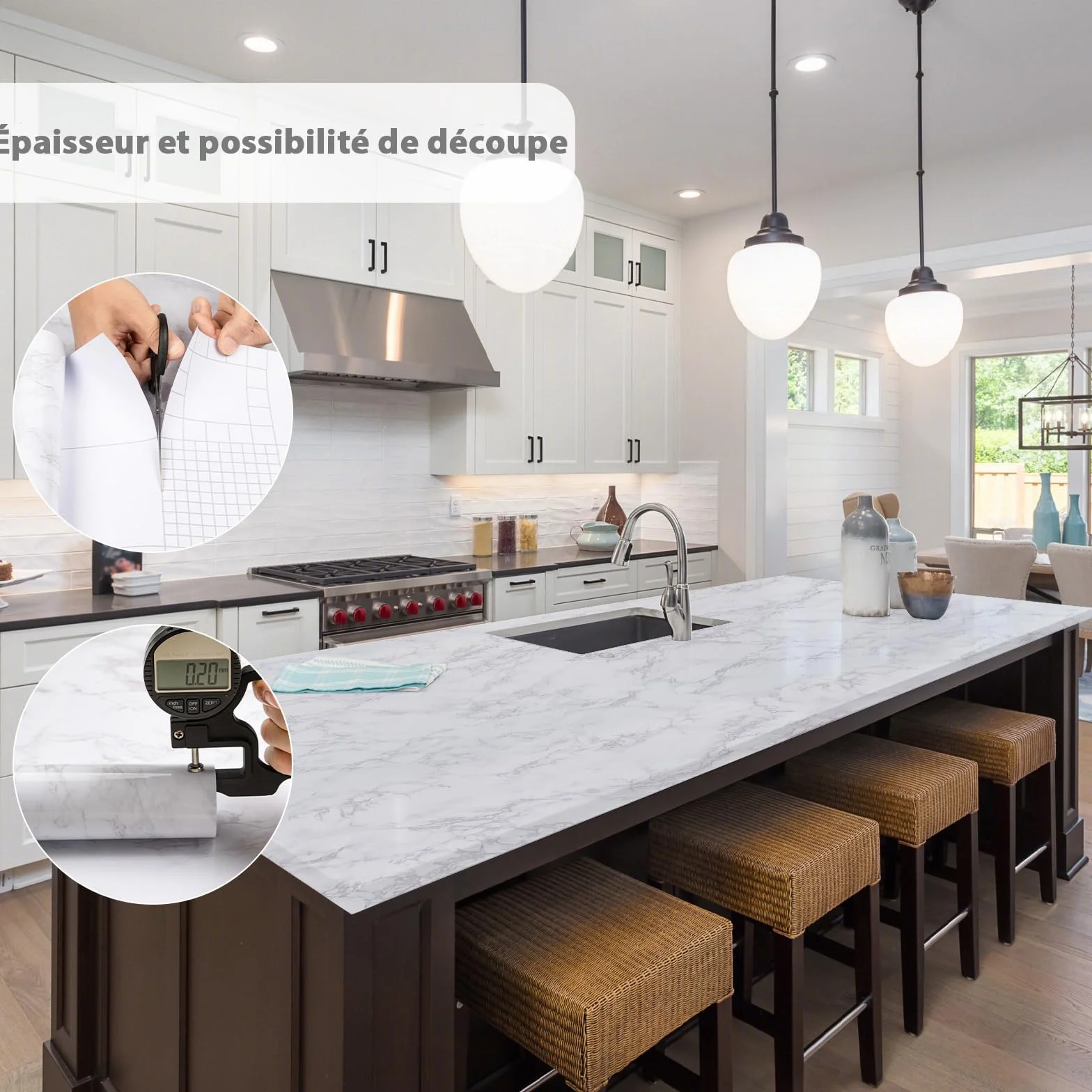 Papier Peint Adhésif Marbre Blanc 30×200cm PVC Imperméable Rouleau Film pour Meuble Cuisine