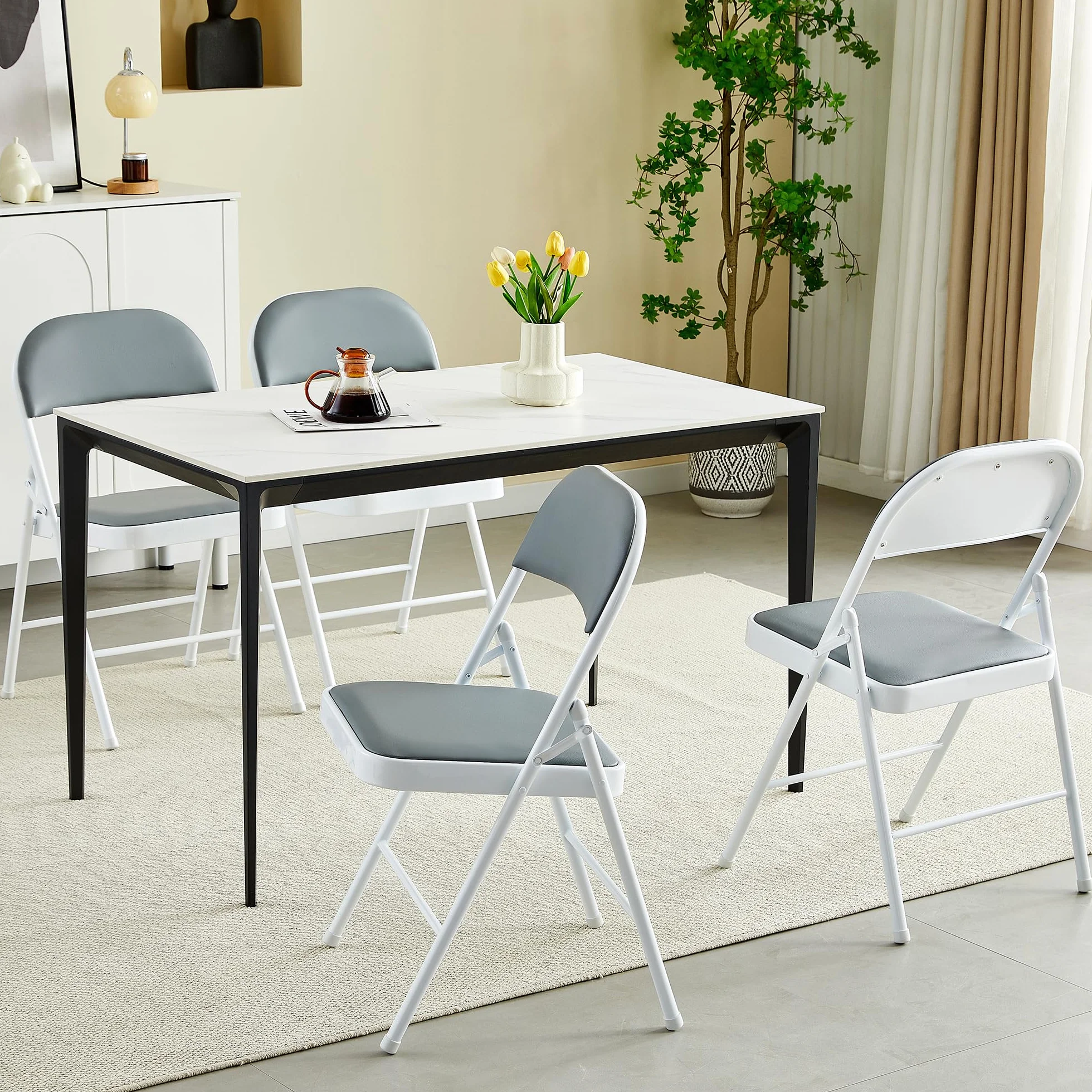 McC Direct Lot de 4 chaises pliantes en similicuir cadre métal siège rembourré facile rangement adaptées maison, bureau, salle à manger, réception (gris)